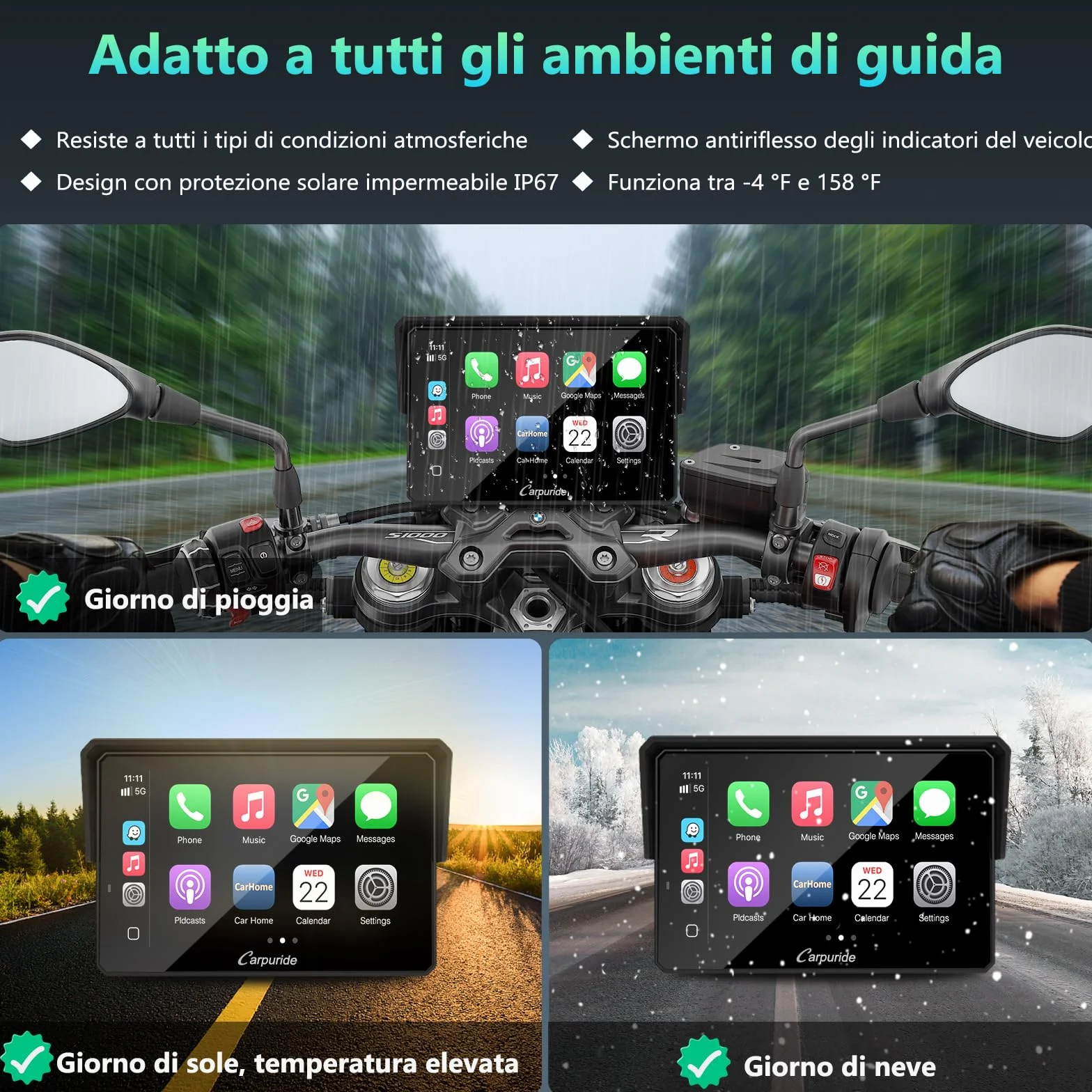 CARPURIDE W502BS Pro per Moto BMW CarPlay e Android Auto, Doppio Bluetooth, Schermo di Navigazione Impermeabile da 5 Pollici, Lettura dati, Native Wonder, TPMS, Sensore di luce, Condivisione di Musica