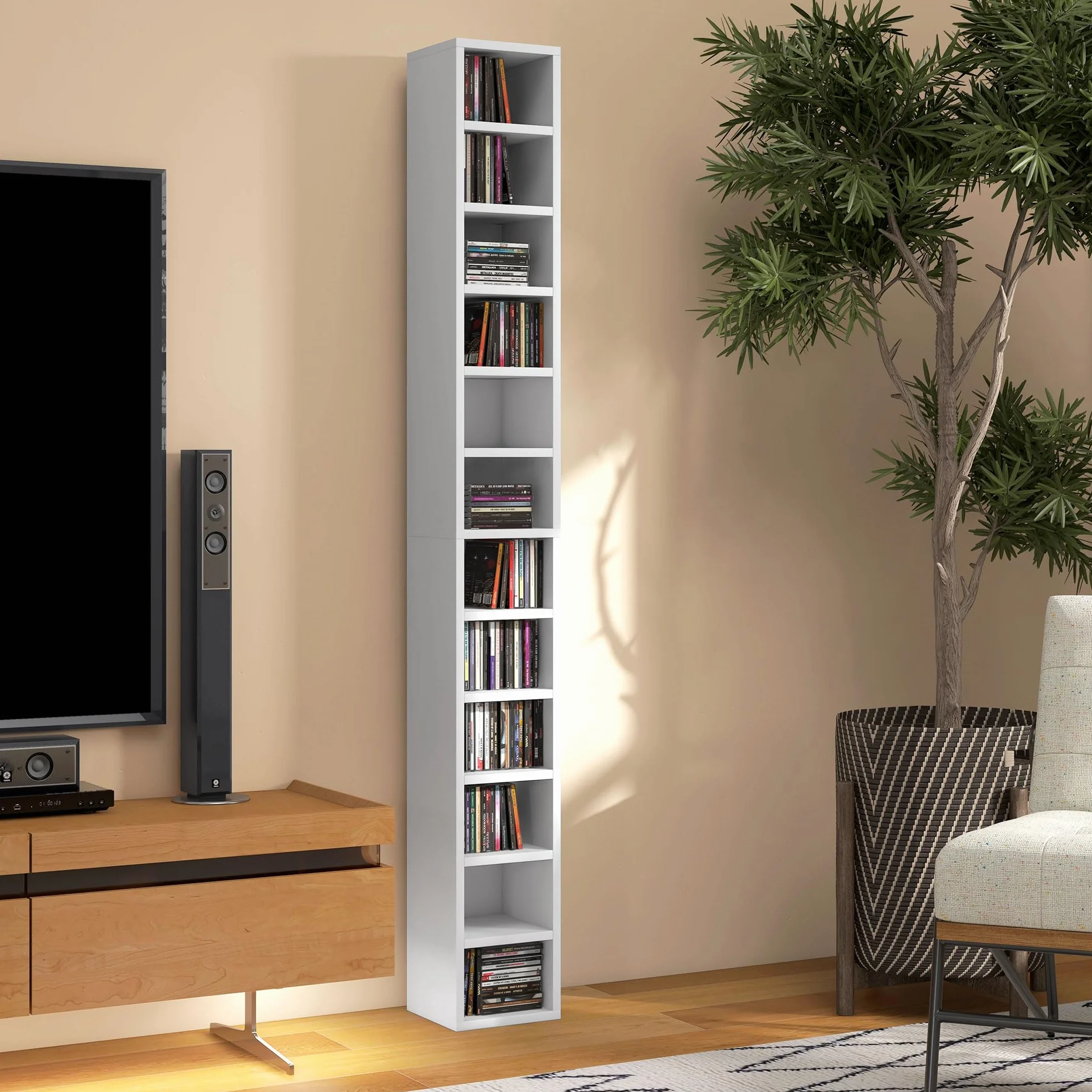 HOMCOM Contenitori per CD e DVD, ripiano a colonna, contenitore con 12 scomparti, capacità massima 204 CD, 21 x 20 x 175 cm, bianco