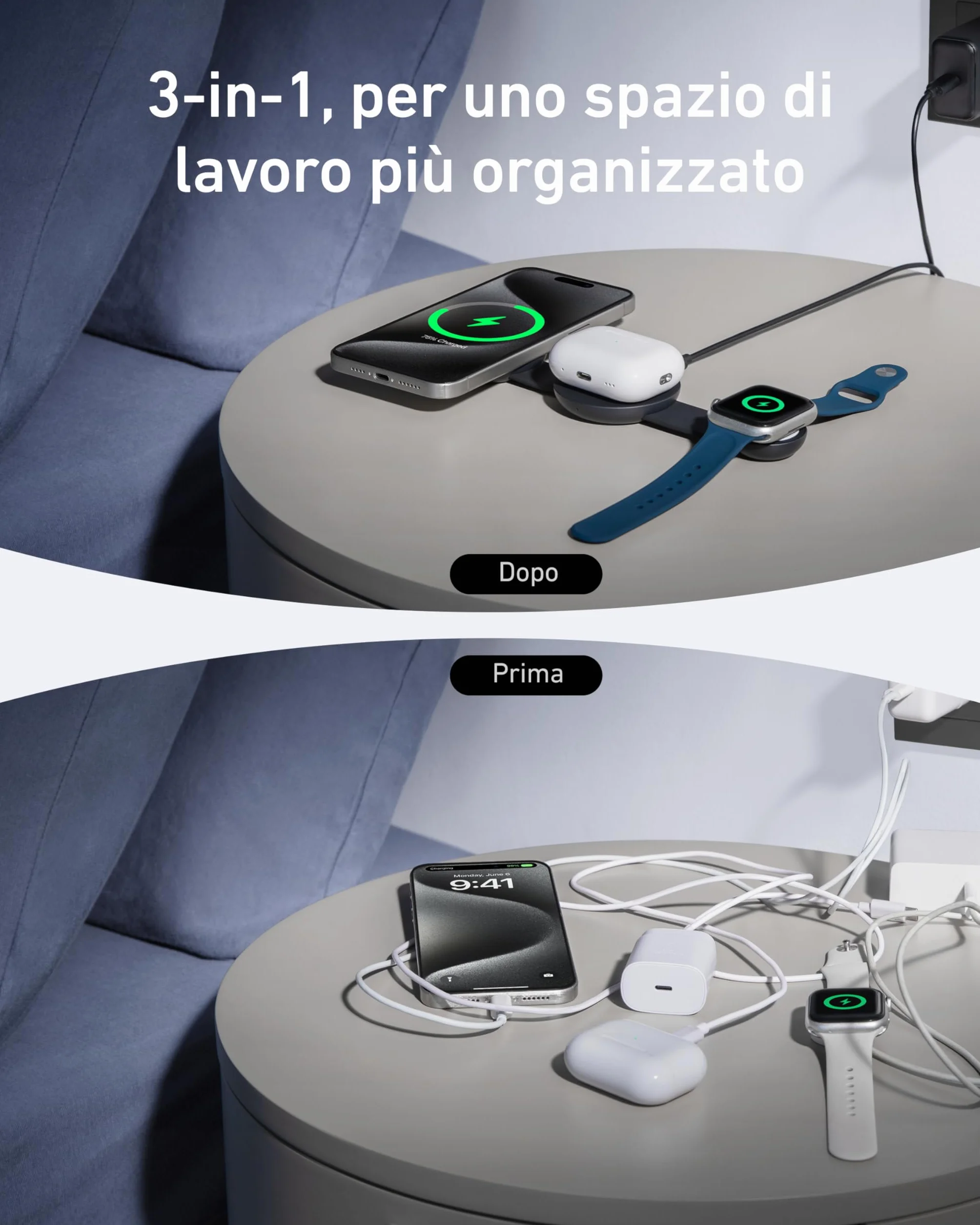 Anker MagGo Caricatore Wireless iPhone 3 in 1 15W, Compatibile con MagSafe, Certificato Qi2, Pieghevole e Portatile per iPhone 17 Pro Max/Serie 16-12, AirPods, Apple Watch(Caricatore USB C Incluso)