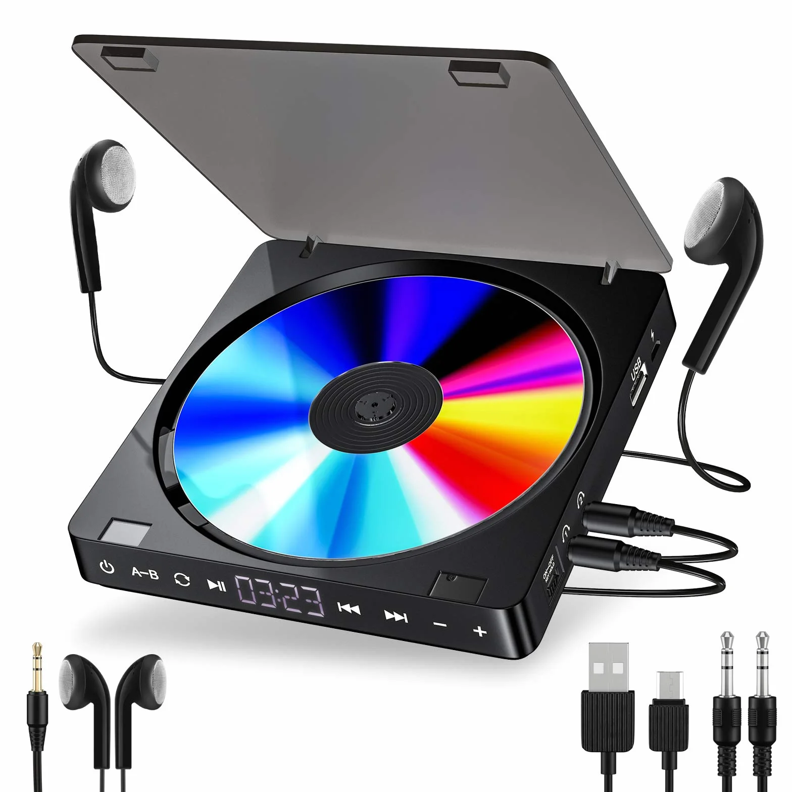 Lettore CD portatile 1200 mAh Personale Lettore MP3 CD con Doppia Presa per Cuffie da 3,5 mm disco Walkman con Protezione Antiurto per bambini e adulti