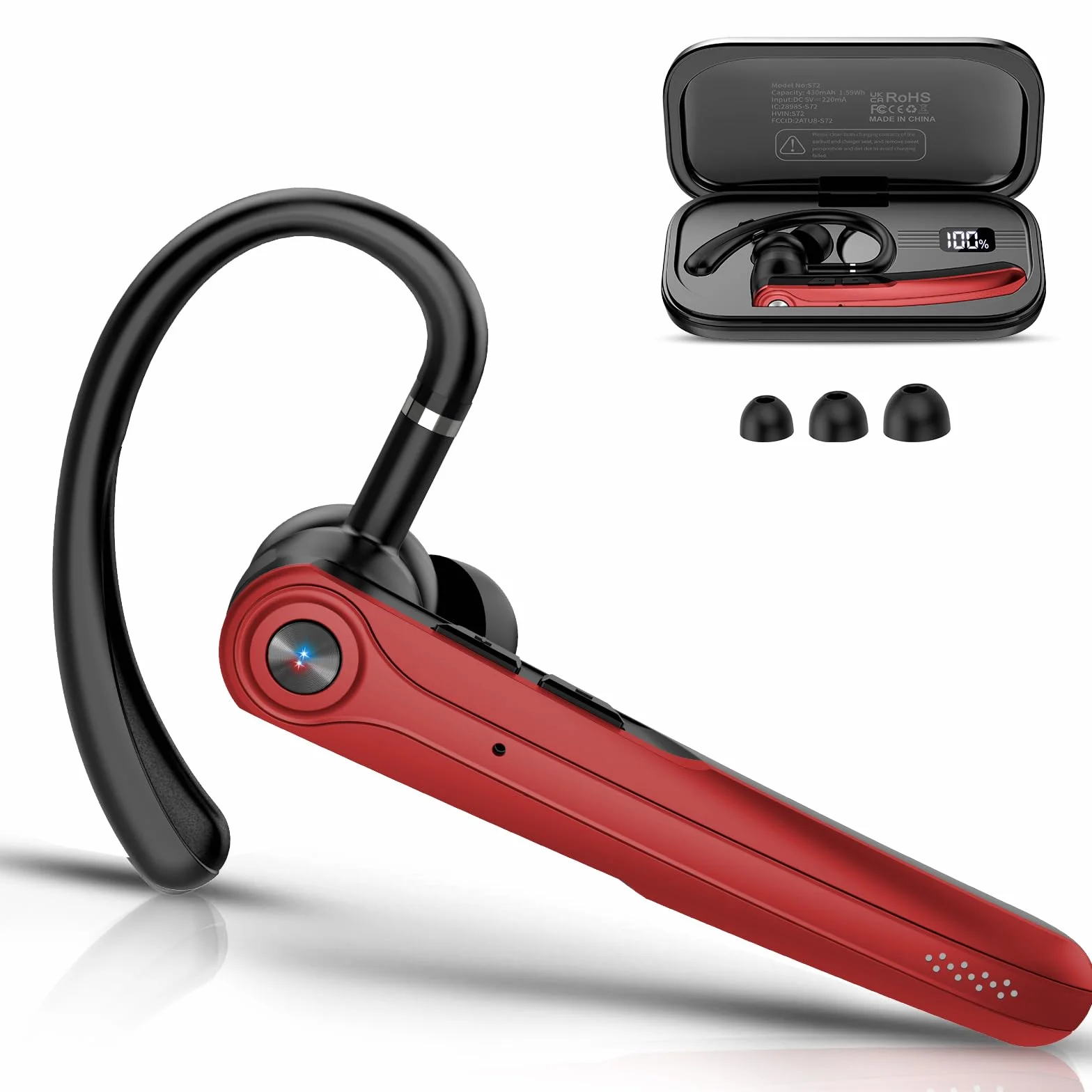Auricolare Bluetooth Singolo con CVC8.0 e ENC Doppio Microfono V5.4 Auricolari Bluetooth con 25 Ore Di conversazione, 180 Ore di Standby, Cuffie con Gancio Girevole per Guida/Lavoro/Ufficio, Rosso