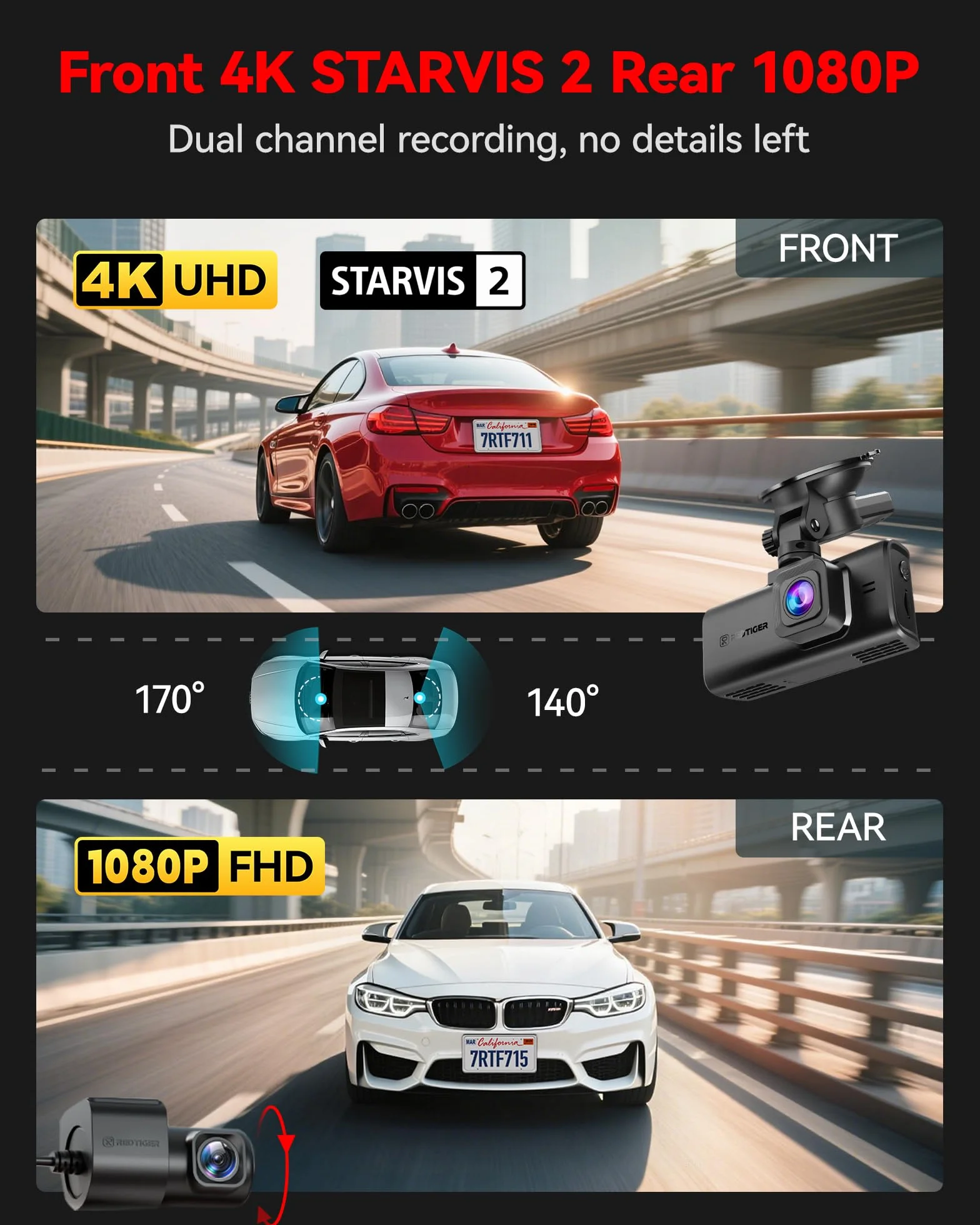 REDTIGER 4K STARVIS 2 Dash Cam Auto,Touchscreen da 3,18 Pollici,Scheda di Memoria da 128GB,GPS,5.8GHz WiFi 6,Controllo Vocale,Visione Notturna UHD,Blocco di Emergenza,Monitor di Parcheggio (F7N Touch)