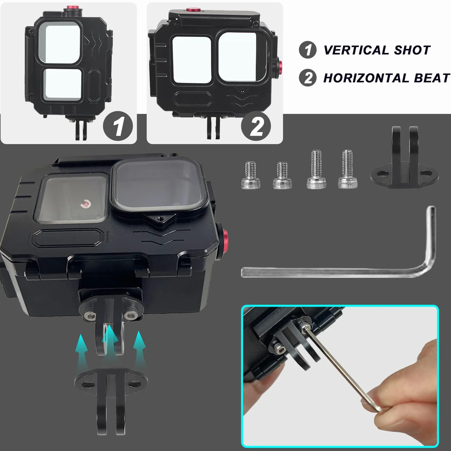 Custodia impermeabile in lega di alluminio da 80 m per Go Pro Hero13/Hero12/Hero11/Hero10/Hero9 nera, custodia protettiva per immersioni subacquee per Go Pro Hero 13 Action Camera con accessori per