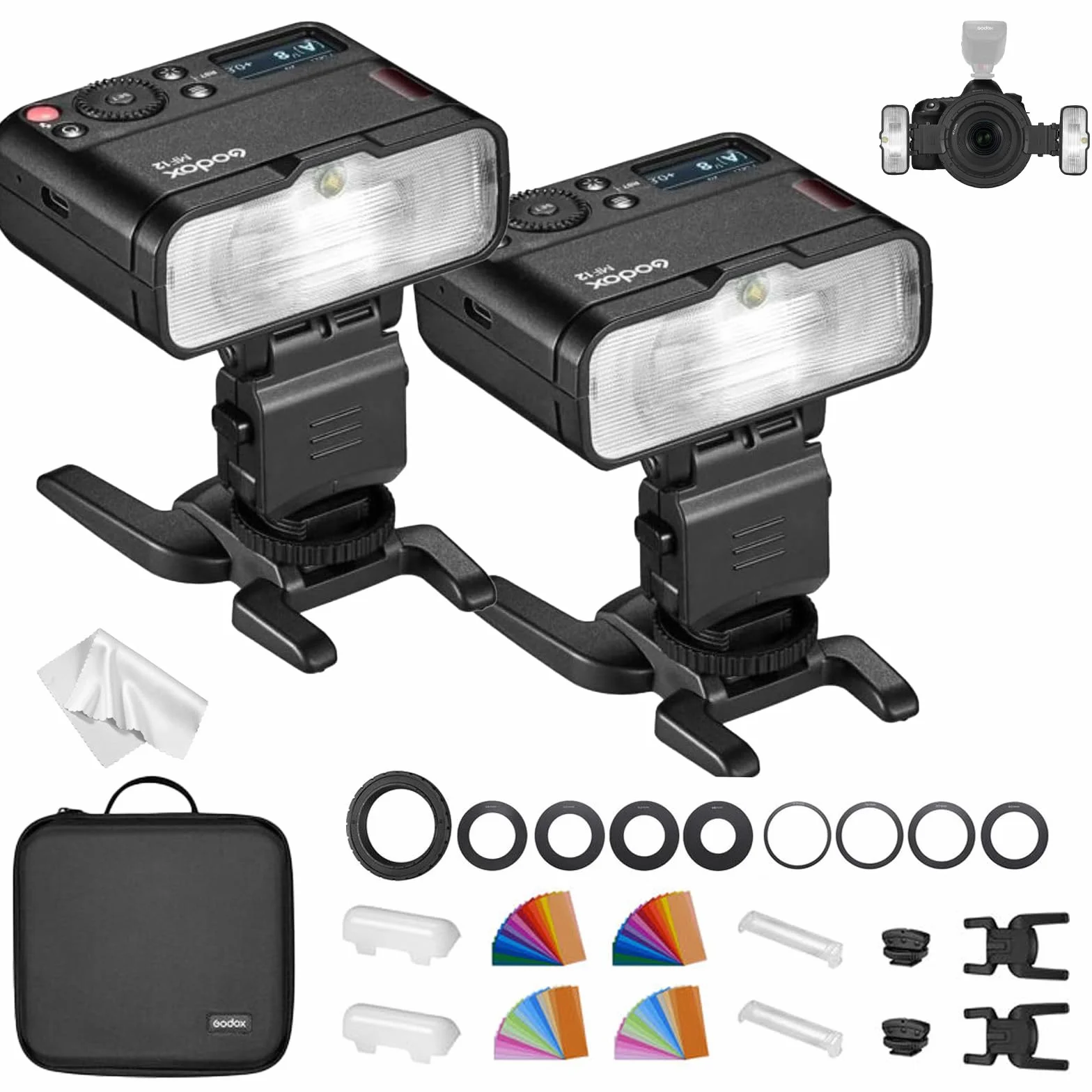 Godox MF12 Kit2 Flash Macro TTL Anello Wireless 2,4GHz con Batteria Integrata, 500 Flash a Potenza Piena, Potenza 1/128–1/1, Filtri Inclusi, Compatibile con Canon Sony Nikon Fujifilm Olympus Panasonic