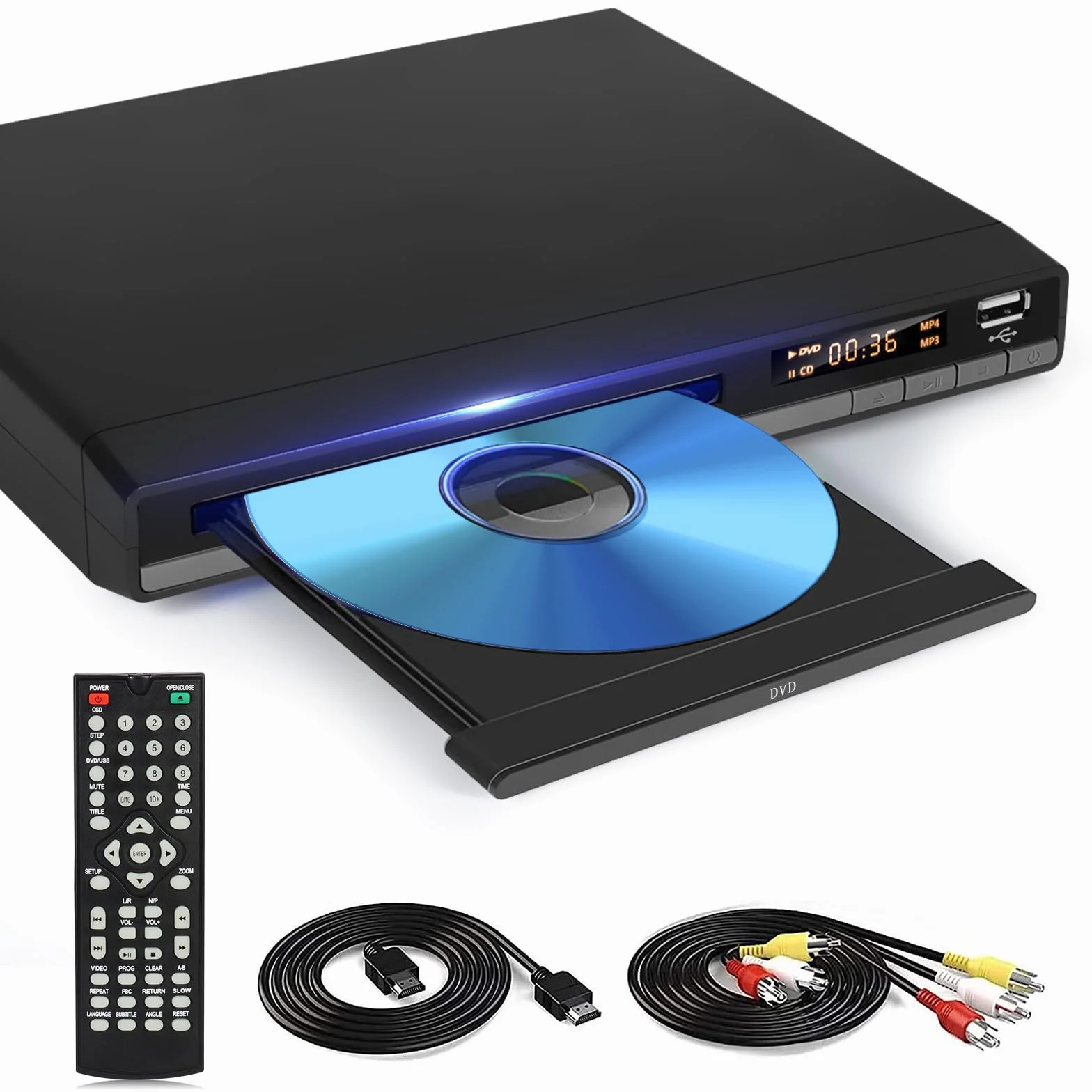Lettore DVD HD con porta HDMI, region free per Smart TV, Cavo di uscita HDMI/RCA incluso, Memoria di pausa, PAL/NTSC integrato, Lettori CD per la casa (non Blu-ray)