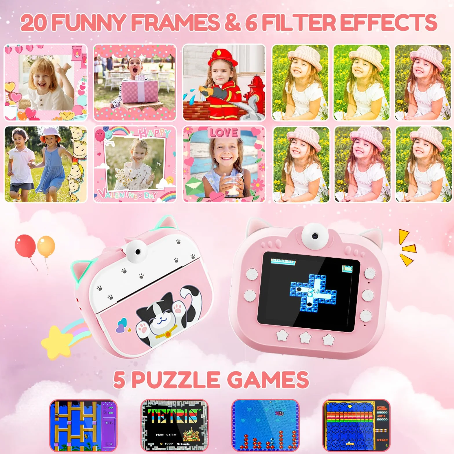 Macchina Fotografica Bambini Istantanea, Potuem 2.4 Pollici Digitale Fotocamera Bambini con Zoom 20X, Lente Ruotabile a 180°, 48MP/1080P Fotocamera Istantanea per Bambini, Regalo di Compleanno