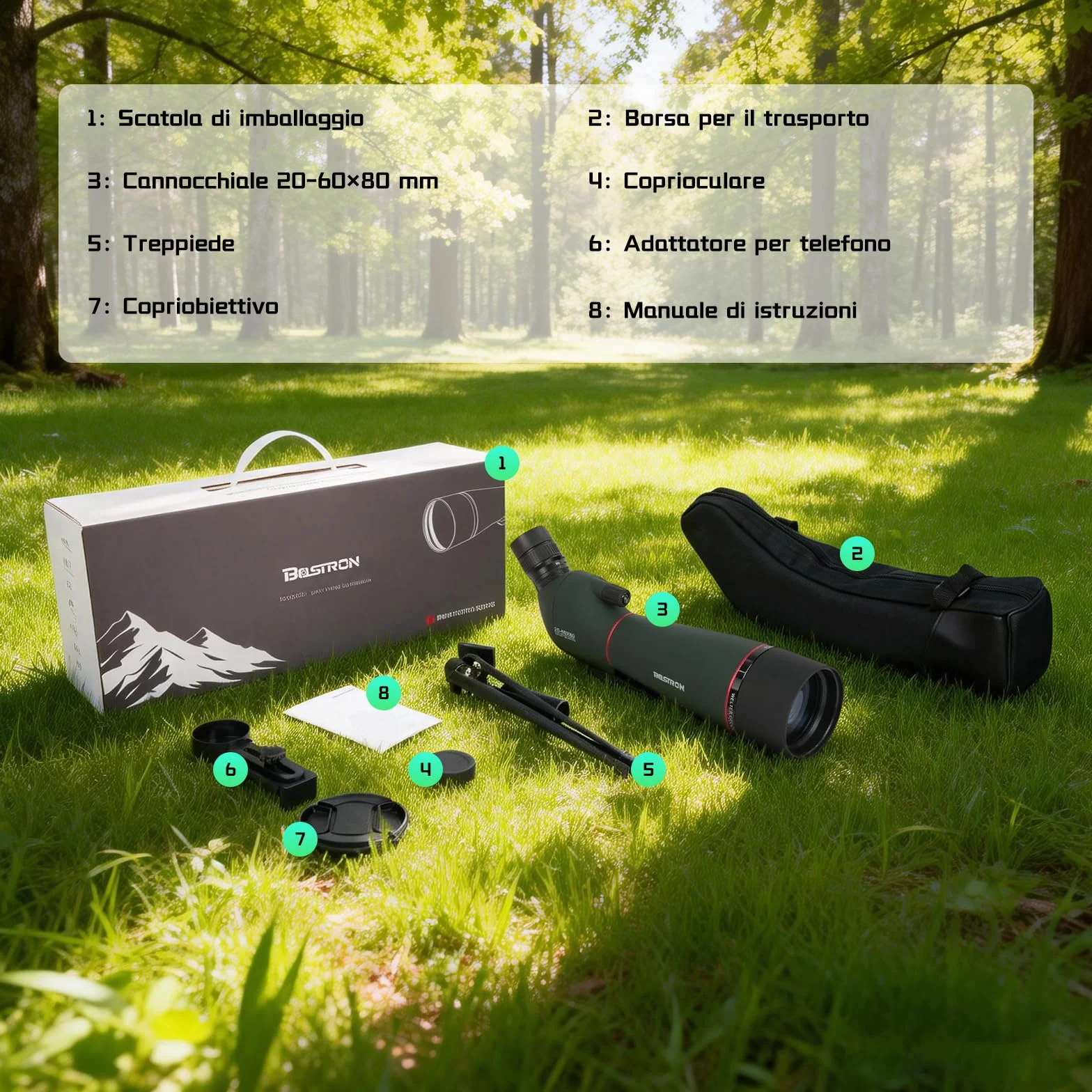 Cannocchiale con Treppiede, 20-60x80 Telescopio Spotting Scope - FMC Cannocchiale Professionale con Treppiedi con Smartphone Adapter per Caccia, Tiro a Segno, Birdwatching