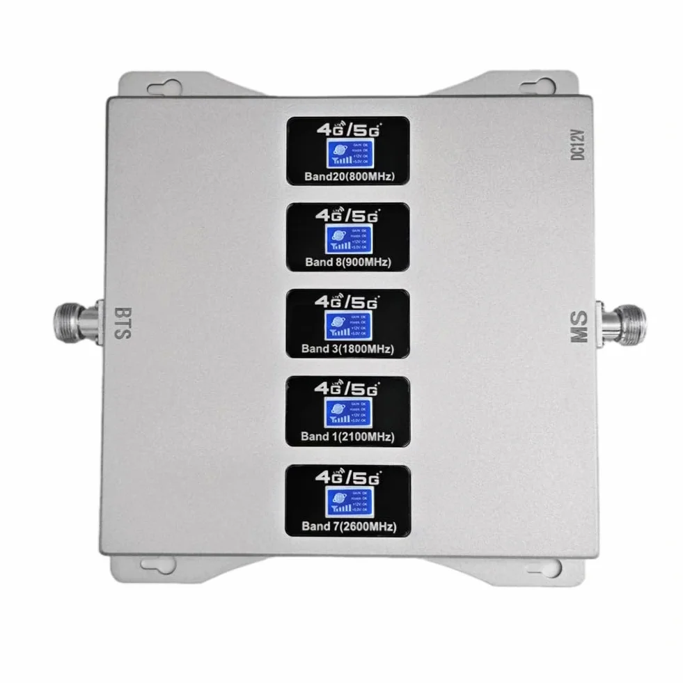 Amplificatore Segnale Cellulare Ripetitore 4G 5G, 5 Bande 800/900/1800/2100/2600MHz, Tre Antenne Interne