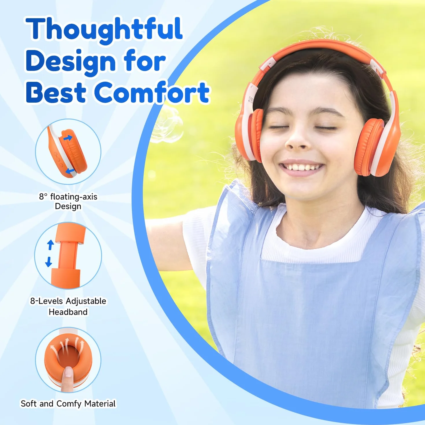 EarFun K2 Cuffie Bluetooth Bambini, Cuffie Wireless e Cablato, Limitatore Volume Sicuro 85/94 dB, 40 Ore Autonomia, Over-Ear Pieghevoli e Regolabili per Scuola/Tablet/Viaggio, Bluetooth 5.4, Arancione