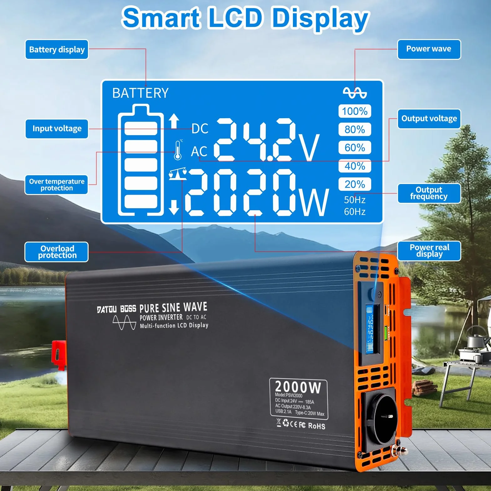 DATOUBOSS Inverter 24v 220v/230v Onda Pura 2000W/4000W, Inverter Onda Pura 2000W, Convertitore 24v 220v 2000w con LCD Display & Type-C e 1 presa AC e 1 Porta USB per Auto,Camion, Camper