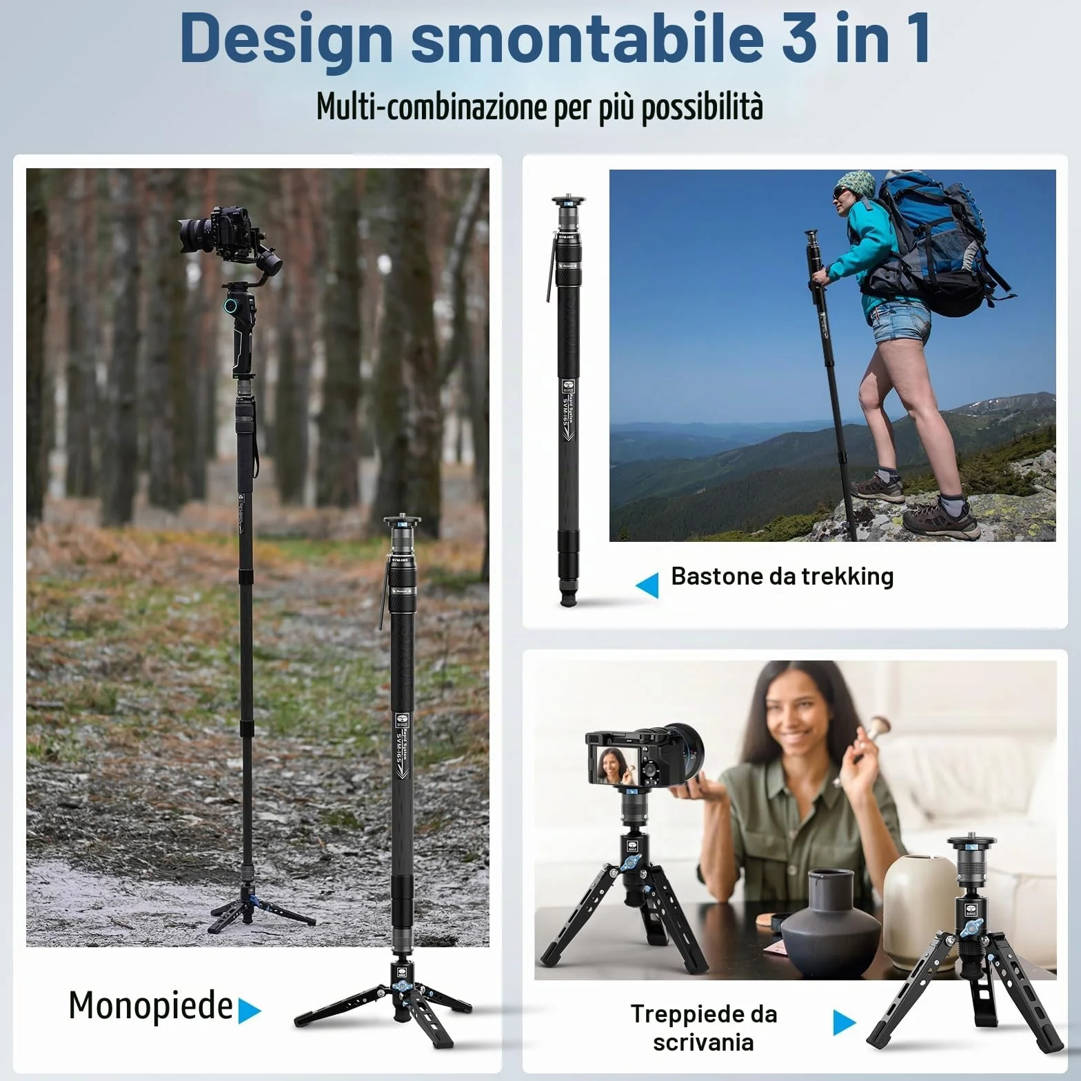 SIRUI SVM-165 - Monopiede per fotocamera con piedi per fotografia, 165 cm, in fibra di carbonio, monopiede con treppiede rimovibile, monopiede professionale per fotocamera DSLR, videocamera, carico