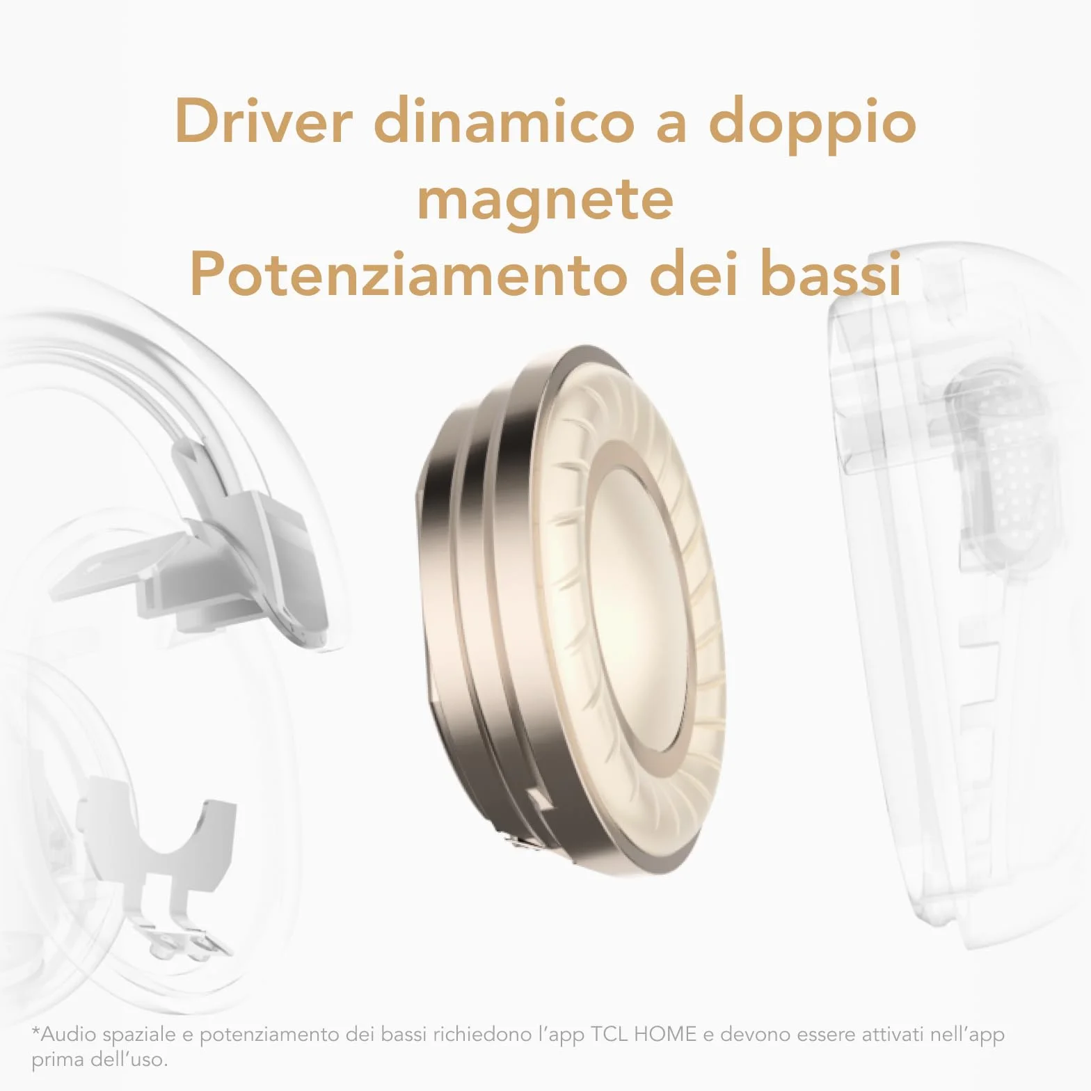 TCL CrystalClip, design a clip, miglioramento dei bassi, suono spaziale 3D, fino a 36 ore di riproduzione, Bianco lunare
