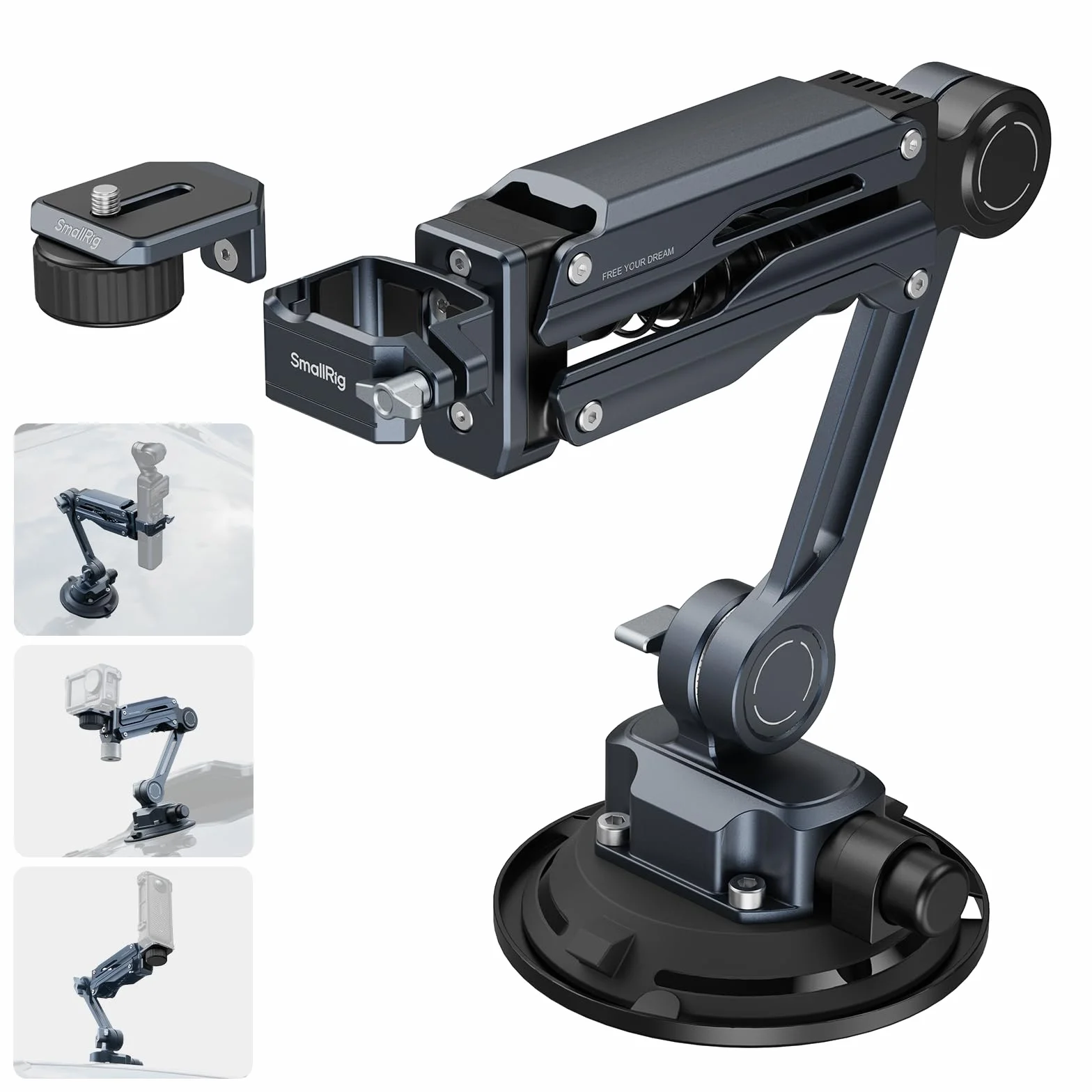 SMALLRIG Braccio Mini Assorbitore di Urto, Ventosa a Vuoto da 10 cm, Doppia Molla e Smorzamento Idraulico, Supporto per Auto per DJI Osmo Pocket 4 3/Action 6/5 Pro/4, per GoPro Hero 13/12/11, per