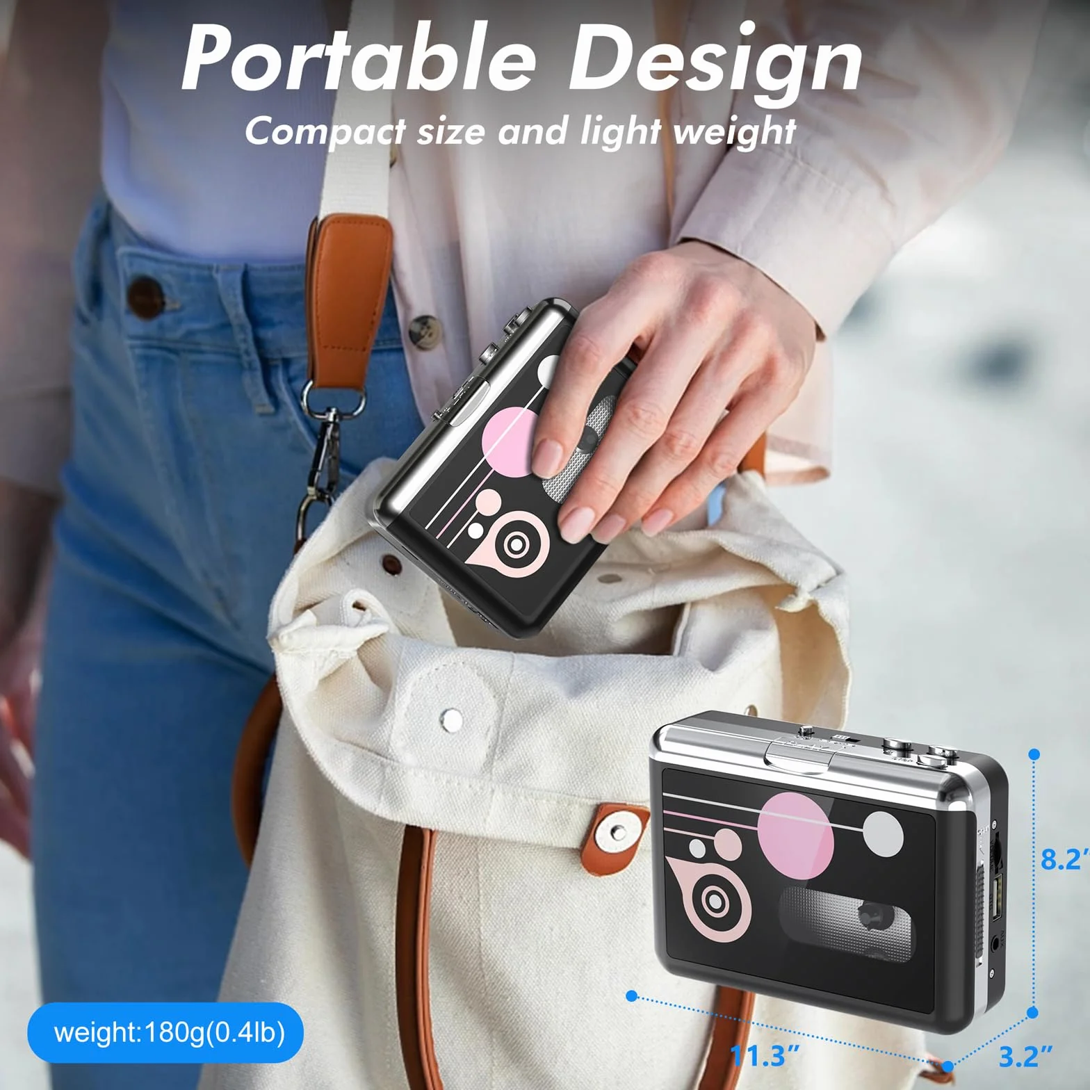 Lettore di Cassette Portatile Convertitore da Cassetta a MP3 USB Digitale con Auricolari