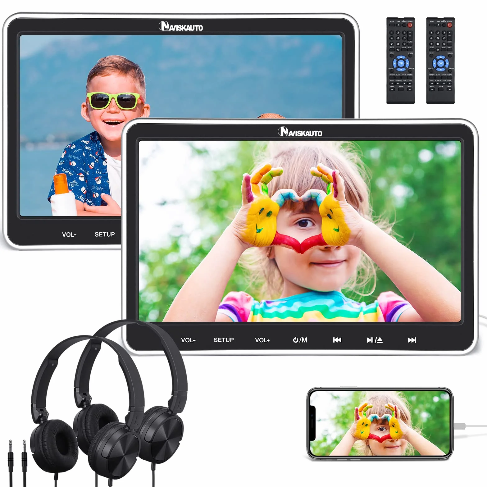 NAVISKAUTO Lettore DVD per poggiatesta auto, 2 monitor da 10,1", compatibile con HDMI/USB/SD/Region Free/AV-in e Out, cavo AV, 18 mesi di garanzia, per bambini