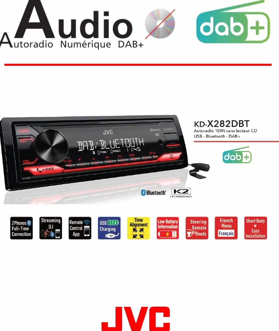 JVC KD-X282DBT Autoradio Bluetooth Digital Media Receiver DAB+ Streaming Audio USB AUX Nero