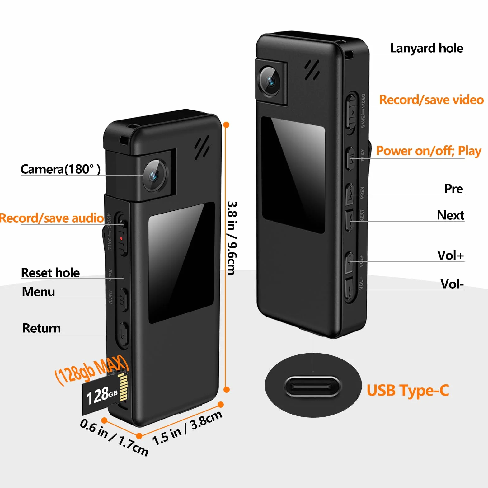 A32 64GB Telecamera Portatile, 1080P, Obiettivo Ruotabile 180°, con Rilevamento Movimento e Registrazione Audio, per Polizia e Ciclismo