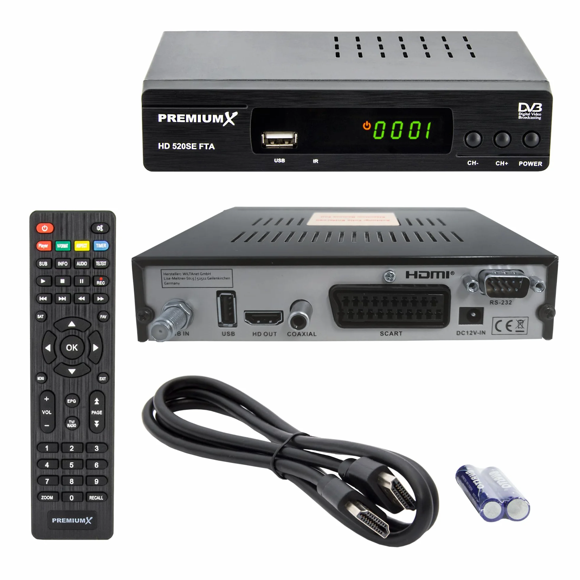 PremiumX Ricevitore satellitare HD 520SE FTA Digital SAT TV Receiver DVB-S2 FullHD HDMI SCART USB lettore multimediale, Astra Hotbird preprogrammato