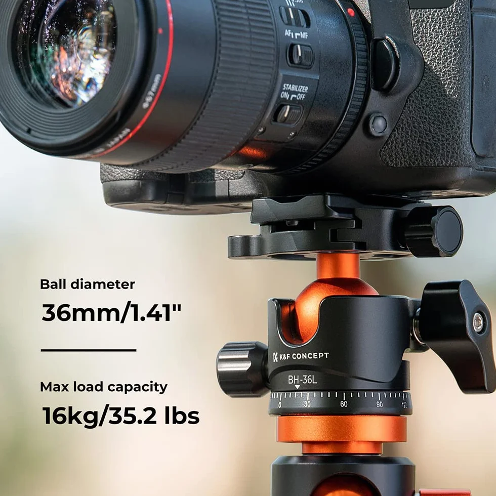 K&F Concept Testa a sfera per treppiede in metallo da 36 mm Rotazione a 360 gradi Panoramica con piastra a sgancio rapido da 1/4 di pollice Livella a bolla Capacità di carico fino a 35,2 libbre/16 kg