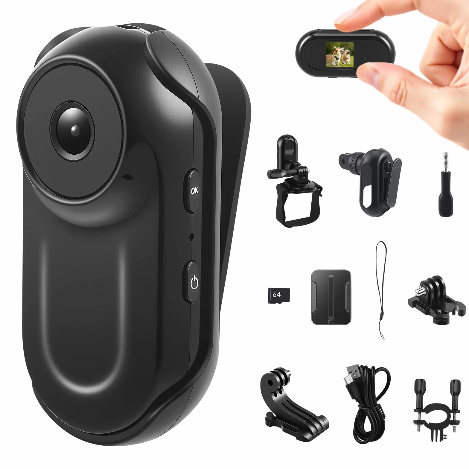 Mini Action Cam 1080P Fotocamera corporea con magnete e accessori per casco moto bicicletta sport impermeabile con scheda SD 64GB