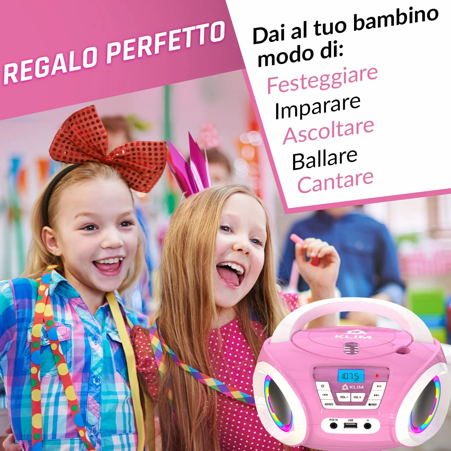 KLIM Candy BAMBINI Stereo per bambini NUOVO - Radio FM - Batterie incluse - Lettore CD Rosa con altoparlanti e Radio - Regalo Perfetto per Bambini e Bambine