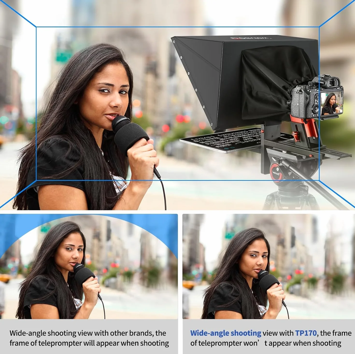 Desview TP170 Teleprompter 17 pollici, lega di alluminio High Display vetro sollevabile con telecomando e app per iPad/DSLR/videocamera, obiettivo grandangolare, registrazione video