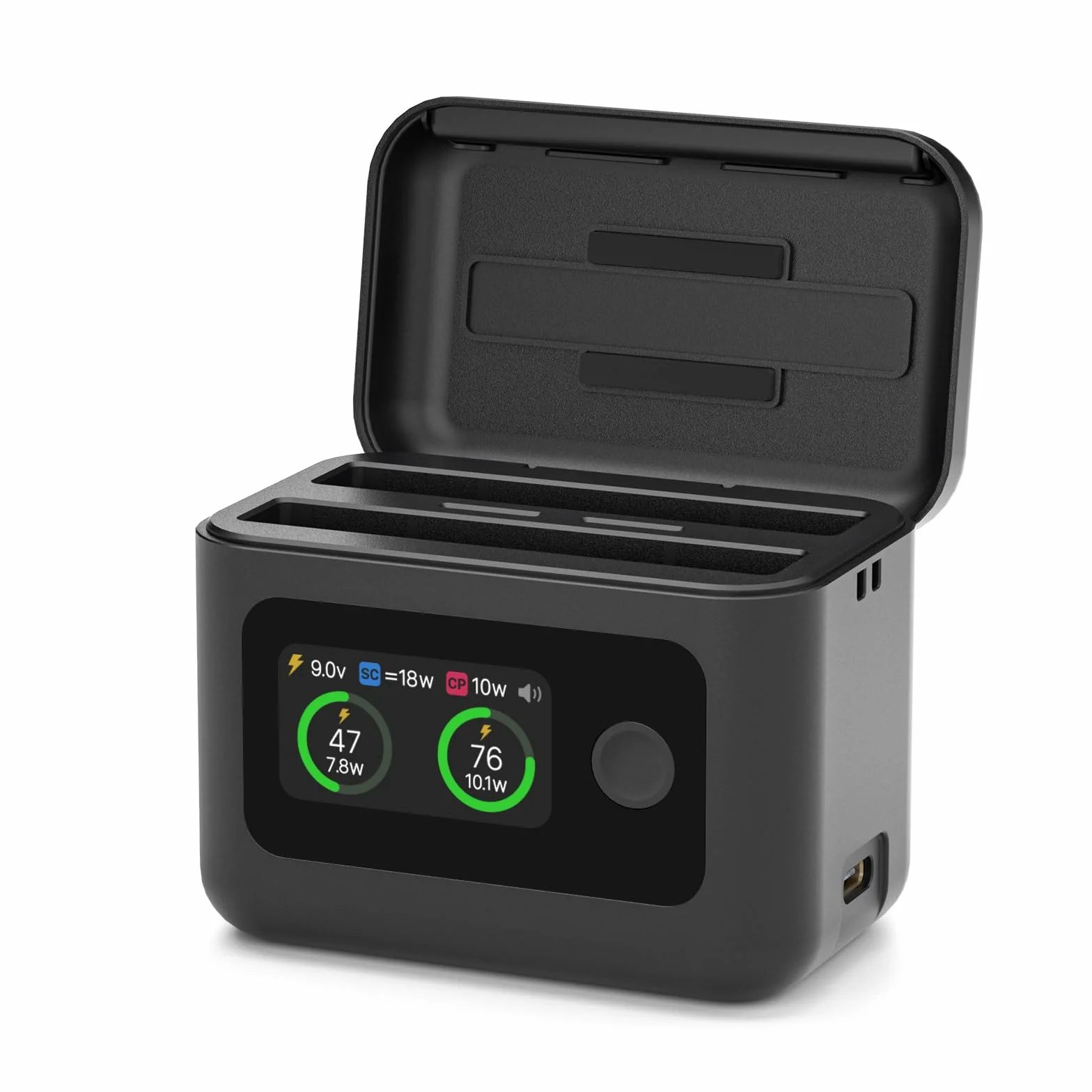 SYMIK Caricabatterie per Insta360 X5, 27 W, alloggiamento di ricarica rapida a doppio canale, con display LCD, hub intelligente a due vie per batteria Insta 360 X5, hub di ricarica rapida mostra SOC