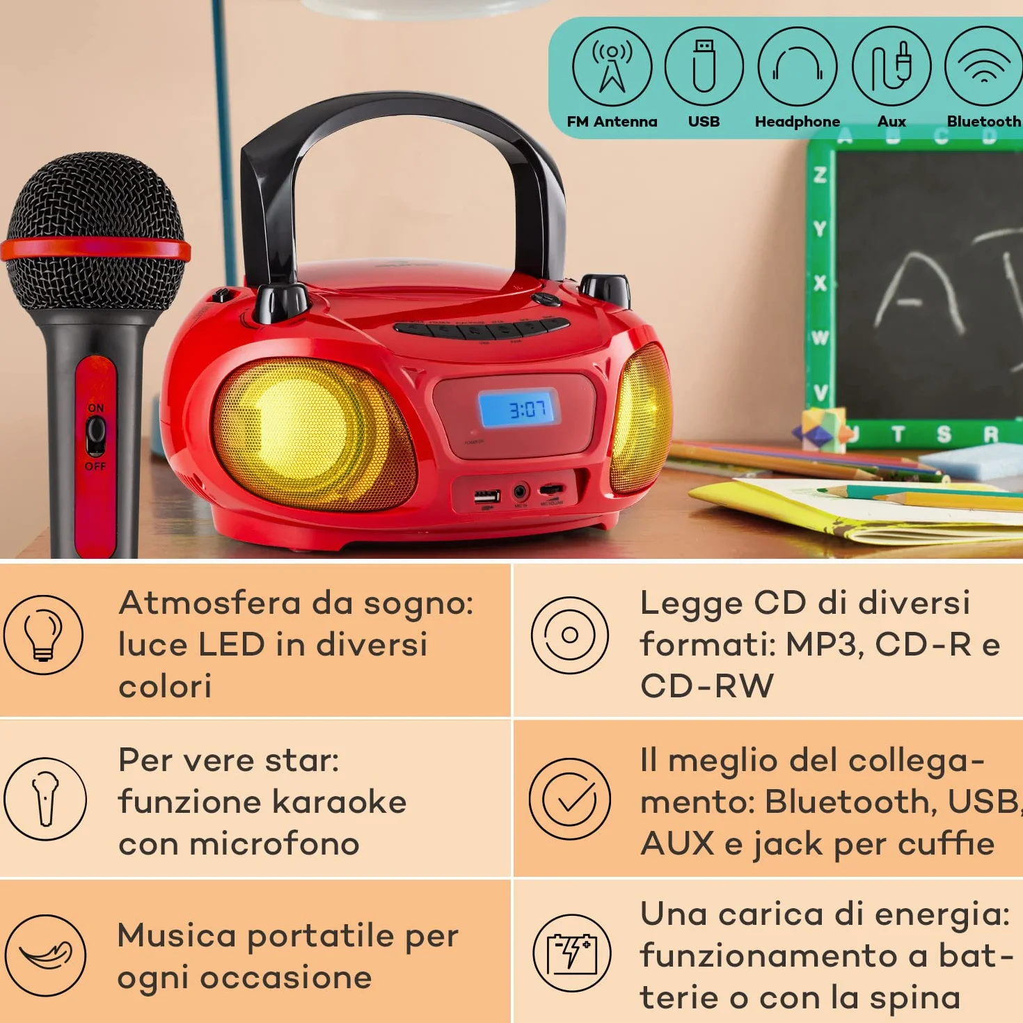 Auna Portatile Bluetooth con Lettore CD, Boombox 3W, Radio FM Stereo, AUX, Display a LED, USB, Bluetooth 5.0, MP3, Ricaricabile Vintage