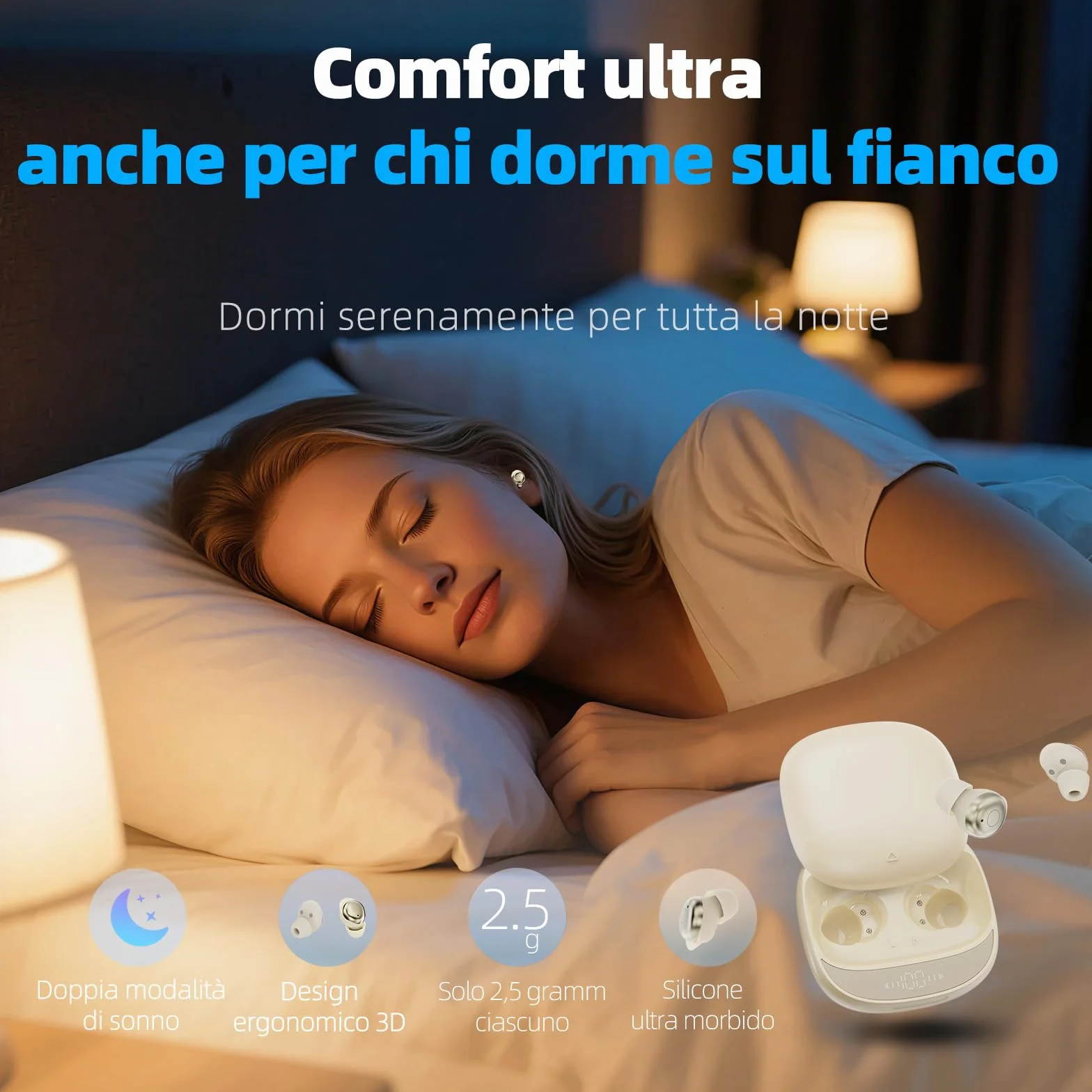 Cuffie Bluetooth, Cuffie per Dormire sul Fianco, Auricolari Bluetooth 5.4 con Doppia Modalità Sonno, 40 Ore Mini Sleep Earbuds Bluetooth, 6 modalità EQ Mini In Ear Auricolari IPX7, Display LED