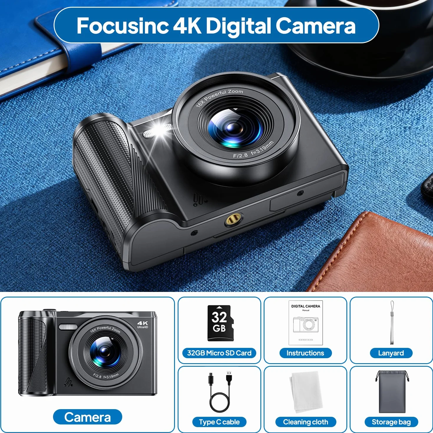 Macchina Fotografica Digitale, Focusinc 4K 56MP Fotocamera con Autofocus, Videocamera Pieghevole 180° da 3 Zoom Digitale 16X, Scheda 32GB Inclusa, Compatta Ricaricabile per Principianti Studenti