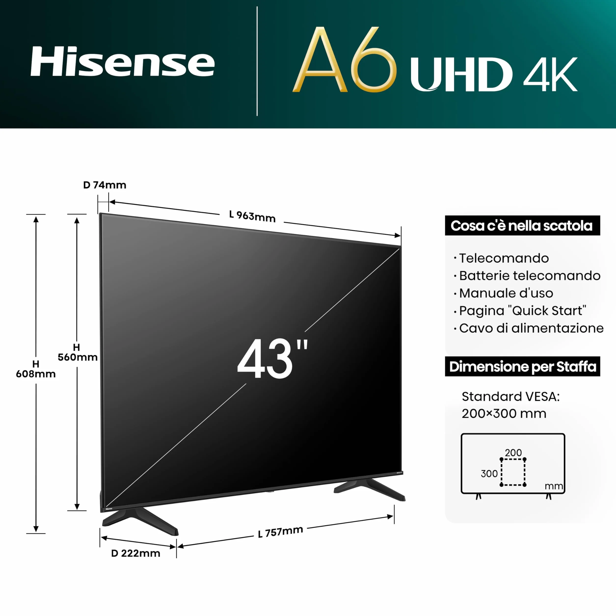 Hisense 43" 4K Ultra HD Smart TV 43A6N VIDAA U7 Dolby Vision HDR10+ DTS Virtual:X
