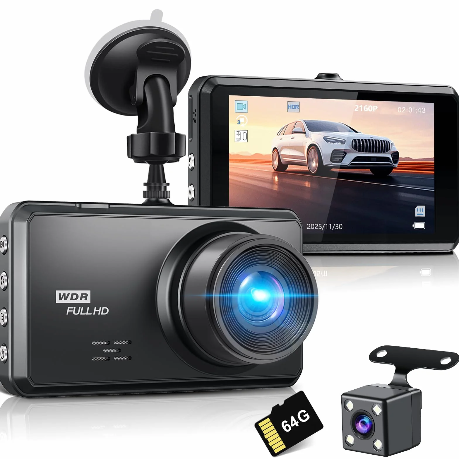 Miden 4K+1K Dashcam 2160P+1080P UHD Telecamera Auto IPS 3.2" Grandangolo 336° G-Sensor Visione Notturna WDR Monitor Parcheggio Registrazione Loop