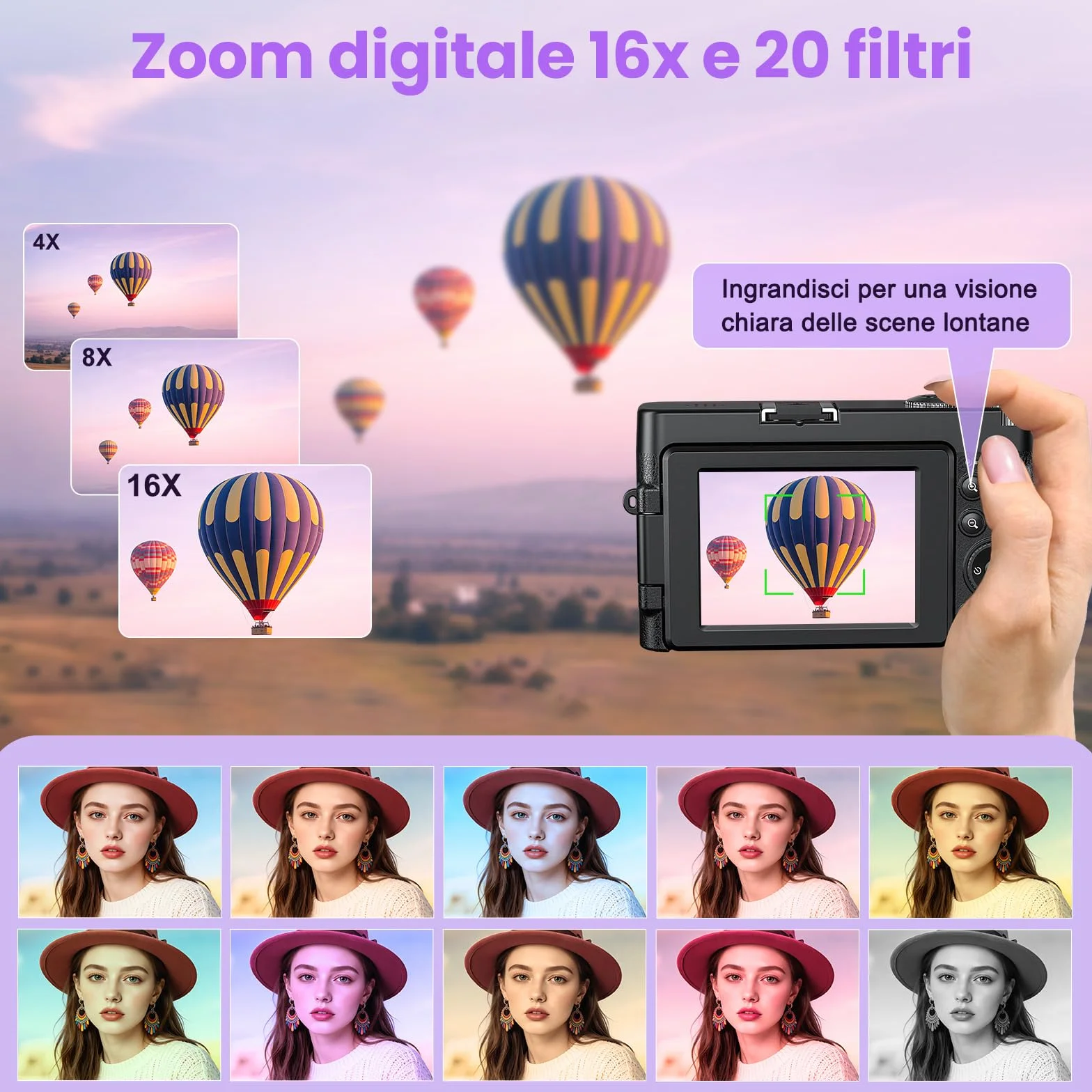 Fotocamera Digitale 4K 64MP WiFi Zoom 16X Schermo Girevole 180° Autofocus per Vlog e Selfie, Compatta con Scheda 32GB, 2 Batterie e Caricabatterie, Ideale per Principianti