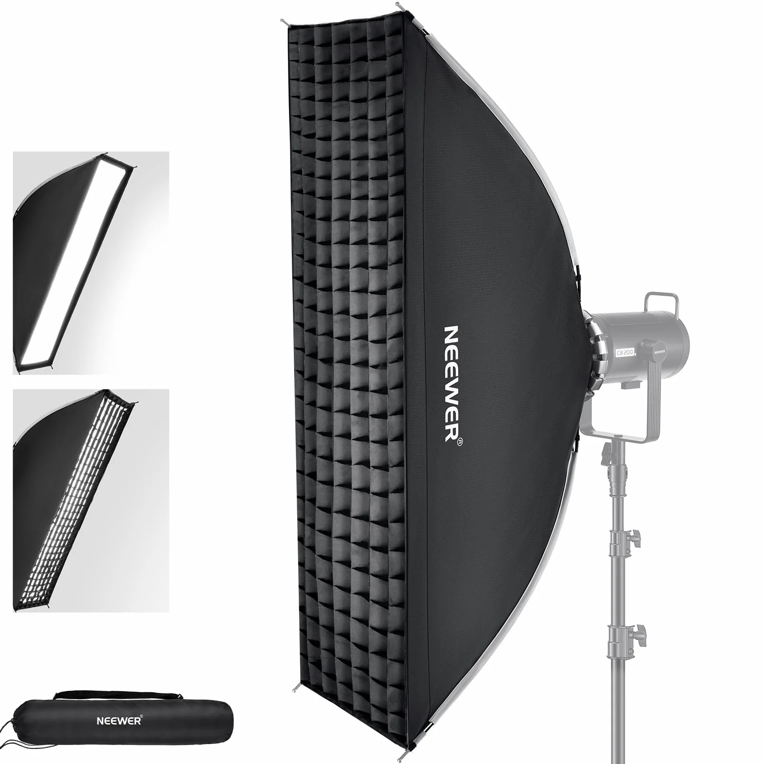 NEEWER Softbox pieghevole rapido da 12" x 47" con striscia rettangolare e supporto Bowens con diffusori/griglia a nido d'ape compatibile con Godox Aputure 120d luci video Q4 flash da studio NS17S