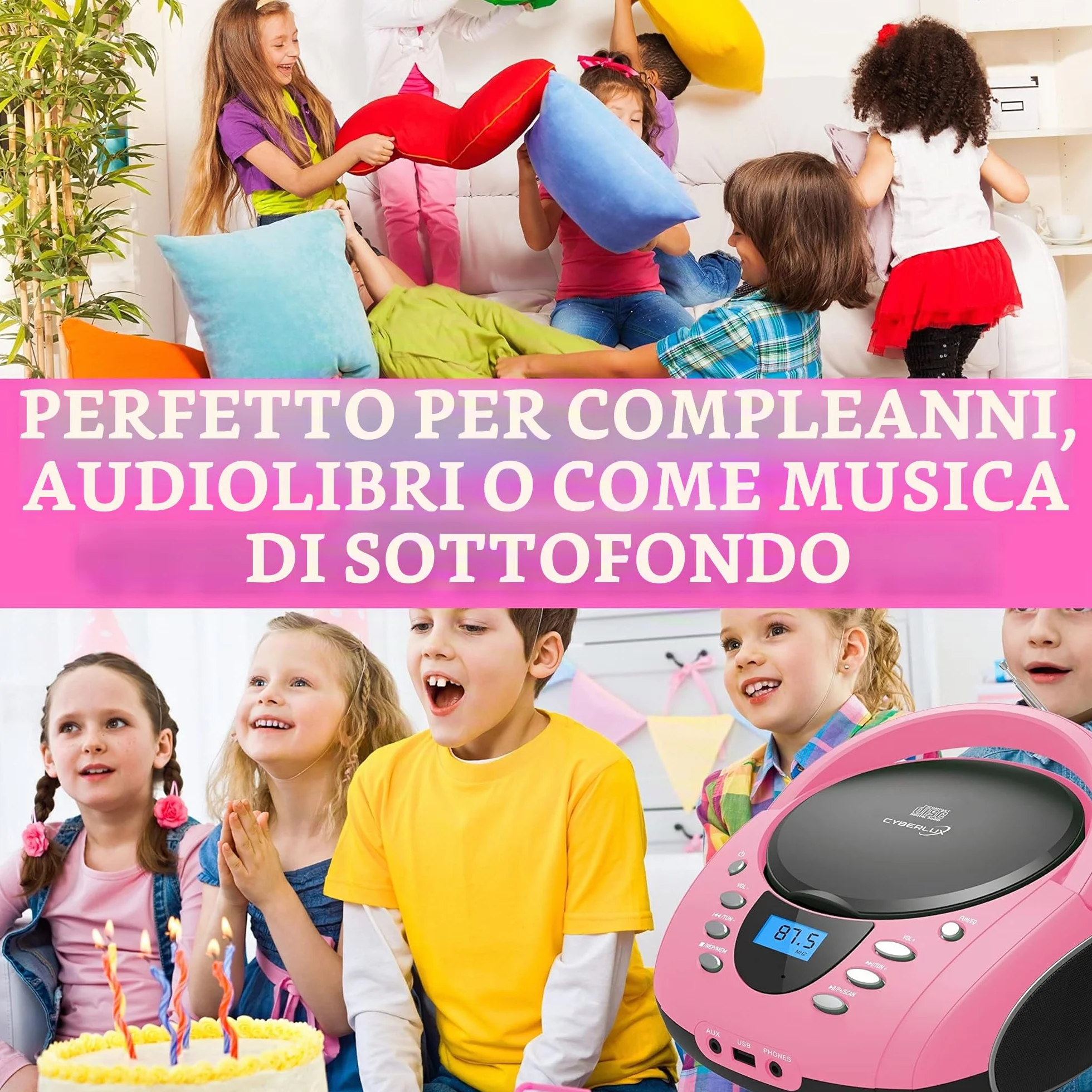 Boombox portatile lettore CD CD-R USB radio FM AUX jack cuffie impianto stereo compatto rosa Pretty Pink
