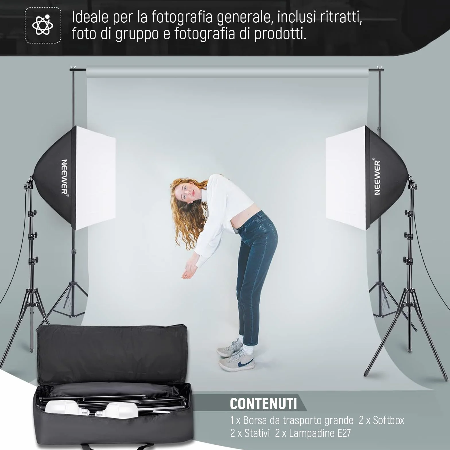 NEEWER 700W Equivalente Softbox Kit Illuminazione, Confezione da 2 5700K Lampadine a LED, 24" x24" Softbox con Presa E27, Kit Illuminazione Continua per Fotografia Attrezzatura da Studio Fotografico