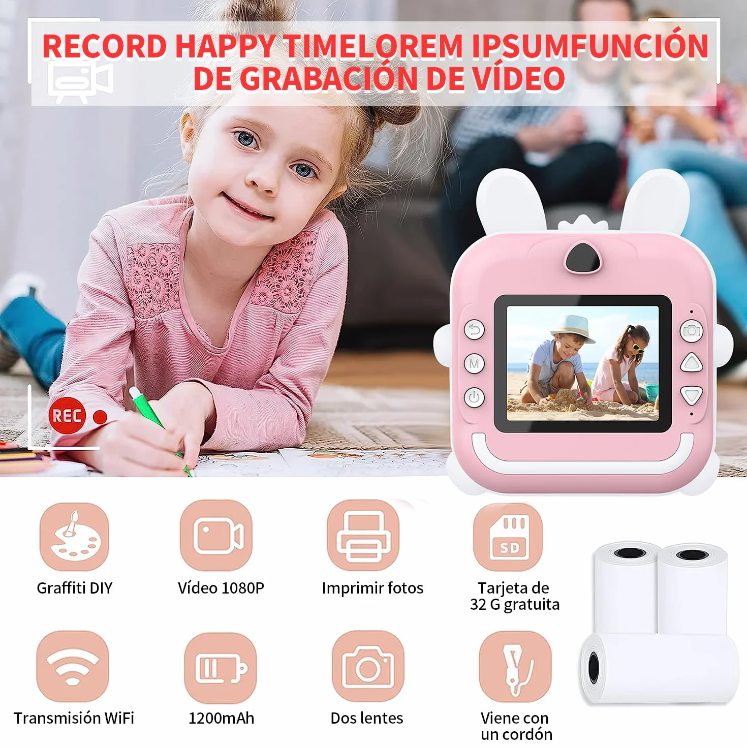 JESWO Macchina Fotografica Bambini Istantanea, Stampa Termica, Funzionalità di Registrazione Foto e Video HD, Inclusa Scheda SD da 32 GB, 3 Rotoli di Carta Termica e Adesivi