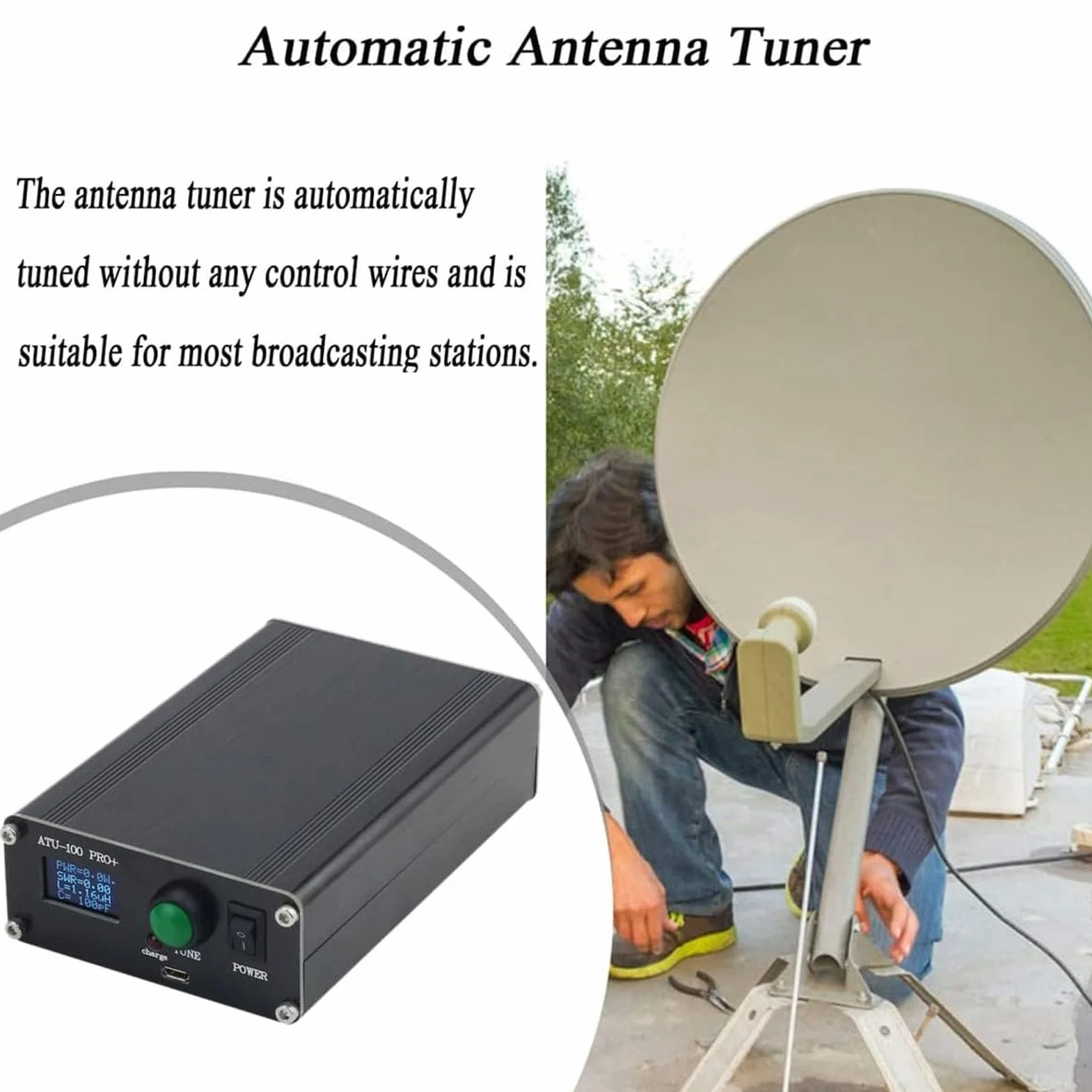 Sintonizzatore Automatico ATU 100 Pro+ per Antenna con Display 0,96 Pollici Ricarica USB Lega di Alluminio e Condensatore SMD per Apparecchiature Radio