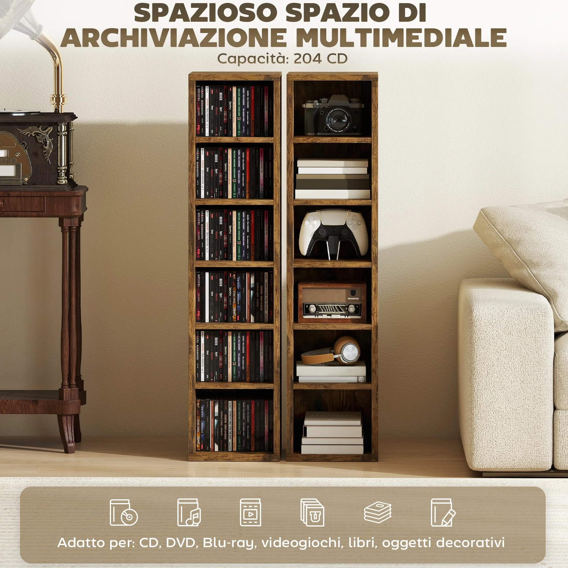 HOMCOM Scaffale Porta CD 2 Pezzi a 6 Ripiani, Scaffale Libreria in Legno per 204 CD ad Altezza Regolabile, 21x22.5x88.5 cm, Marrone Rustico