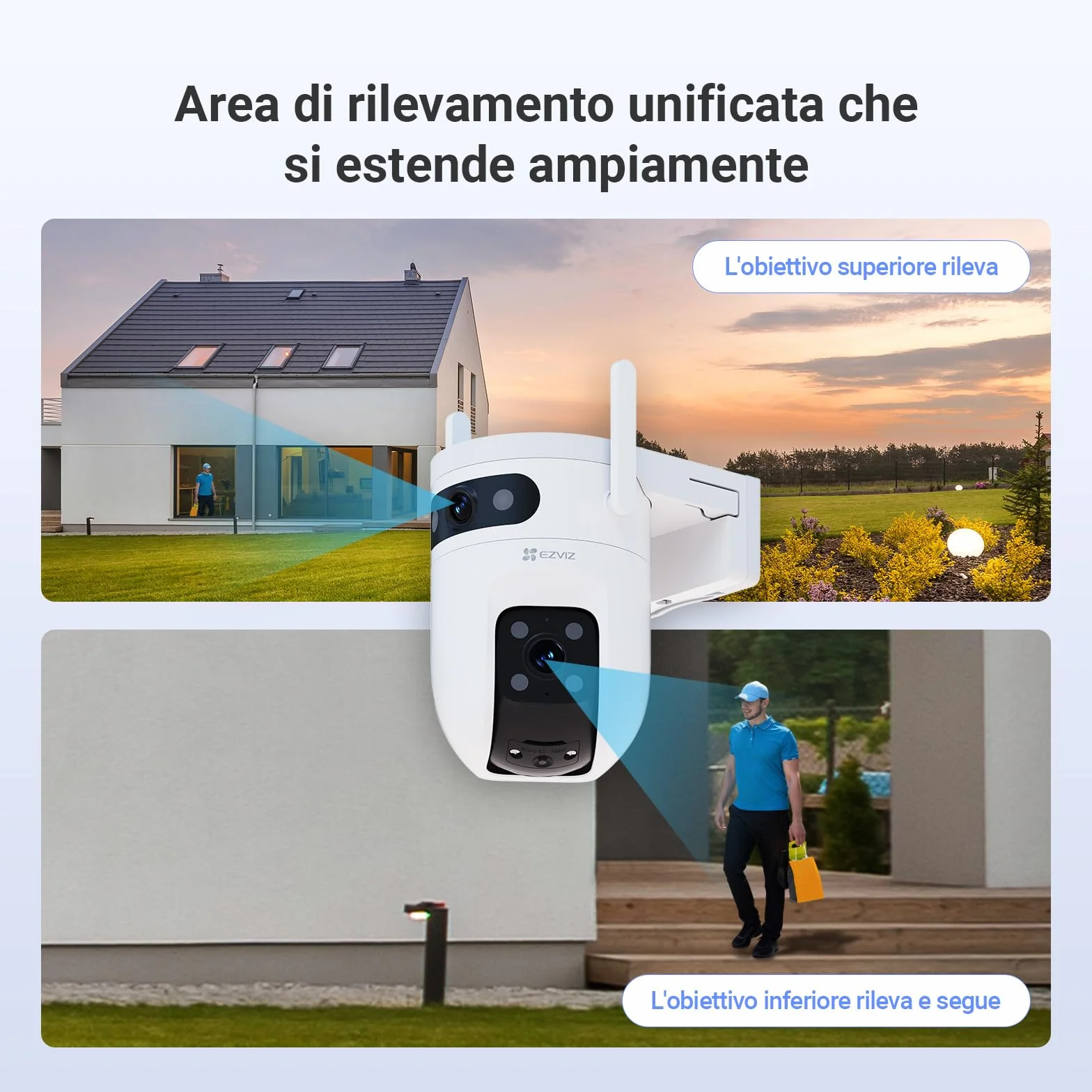 EZVIZ 10MP (5MP+5MP) Telecamera WiFi Esterno con Doppia Lente, Telecamera per Esterni a 360°, Visione Notturna a Colori, Rilevamento Persone/Veicoli, Audio Bidirezionale, Impermeabile, C9c Dual 3K