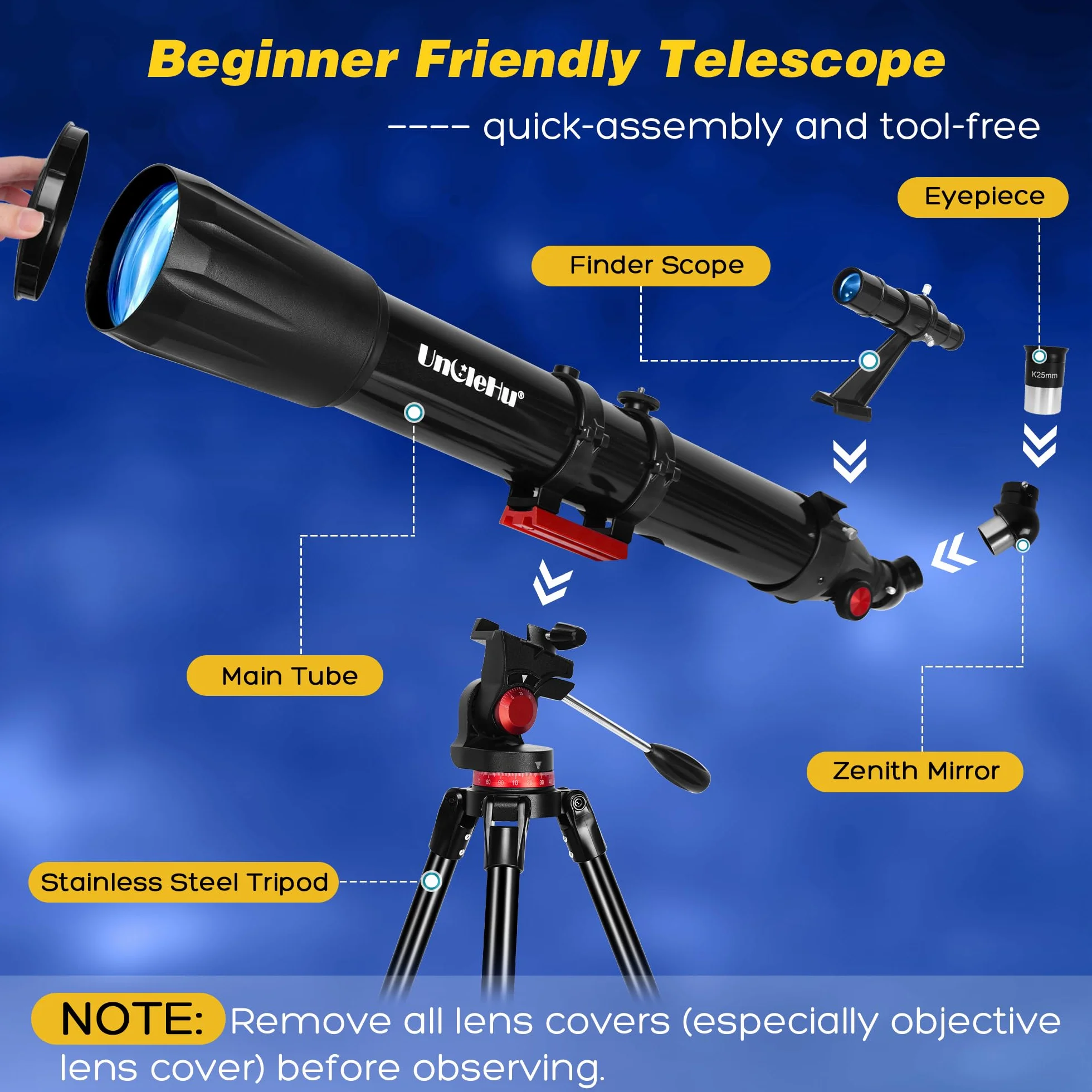 Telescopio per astronomia adulti principianti, 36X-450X, telescopi astronomici rifrattori portatili professionali da 90mm di apertura/900mm con treppiede&adattatore per telefono&borsa da trasporto