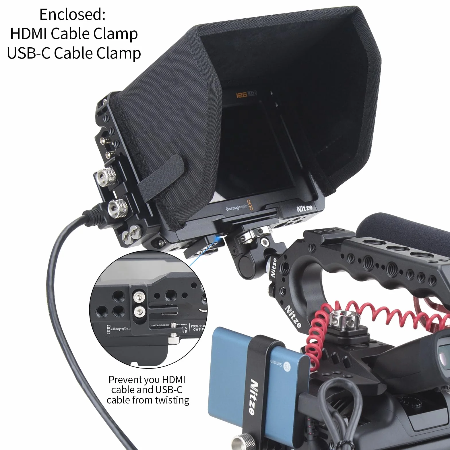 Nitze Kit Gabbia per Blackmagic Video Assist 5" 12G / 3G con Parasole, Morsetti per Cavi HDMI e USB-C - JT-B01B
