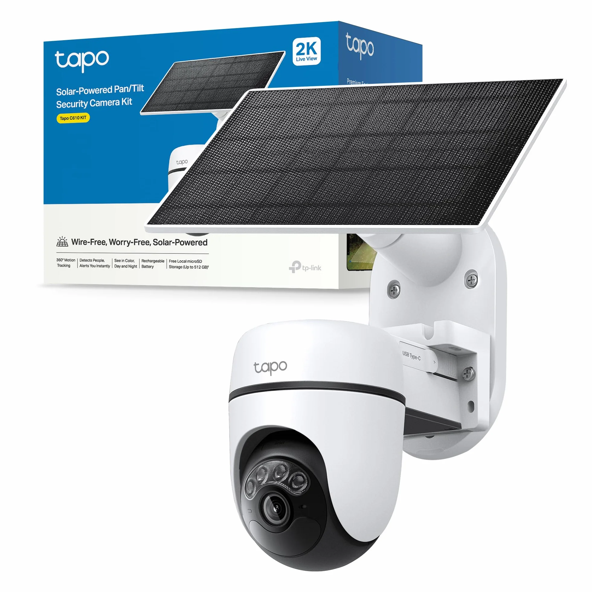 Tapo C610 KIT 2K 3MP Telecamera Wifi Esterno Senza Fili Pannello Solare 360° PTZ Videocamera Sorveglianza Batteria 6700mAh Rilevamento Umano Visione Notturna Colori Tracciamento AI IP65
