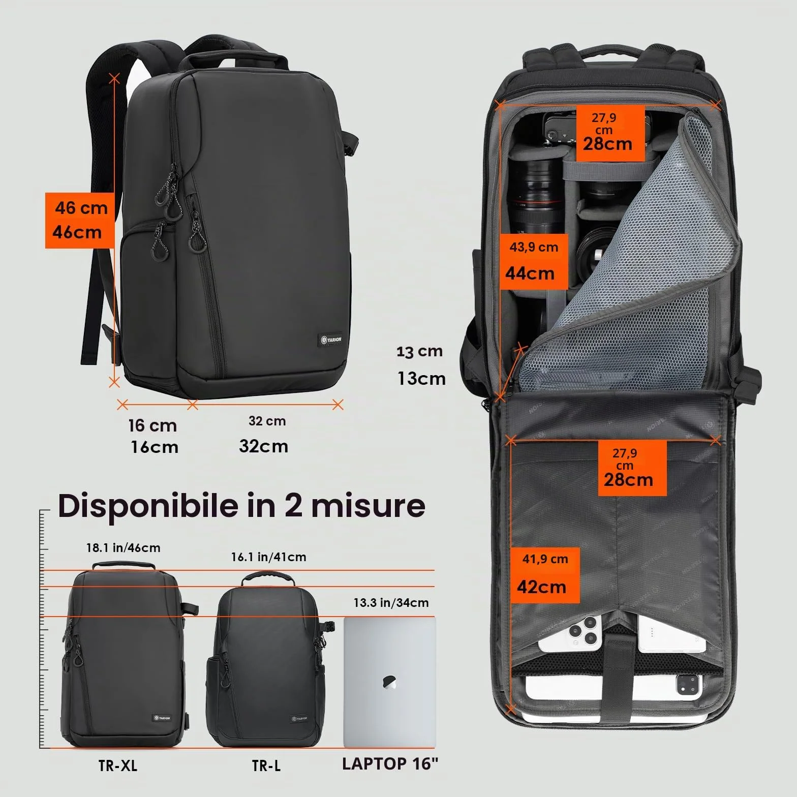 TARION Zaino Fotografico Grande Capacità: Zaino Impermeabile per Fotocamera Con Scomparto per Laptop da 16'' Borsa Fotografica Con Copertura Antipioggia TR-XL(Nero)