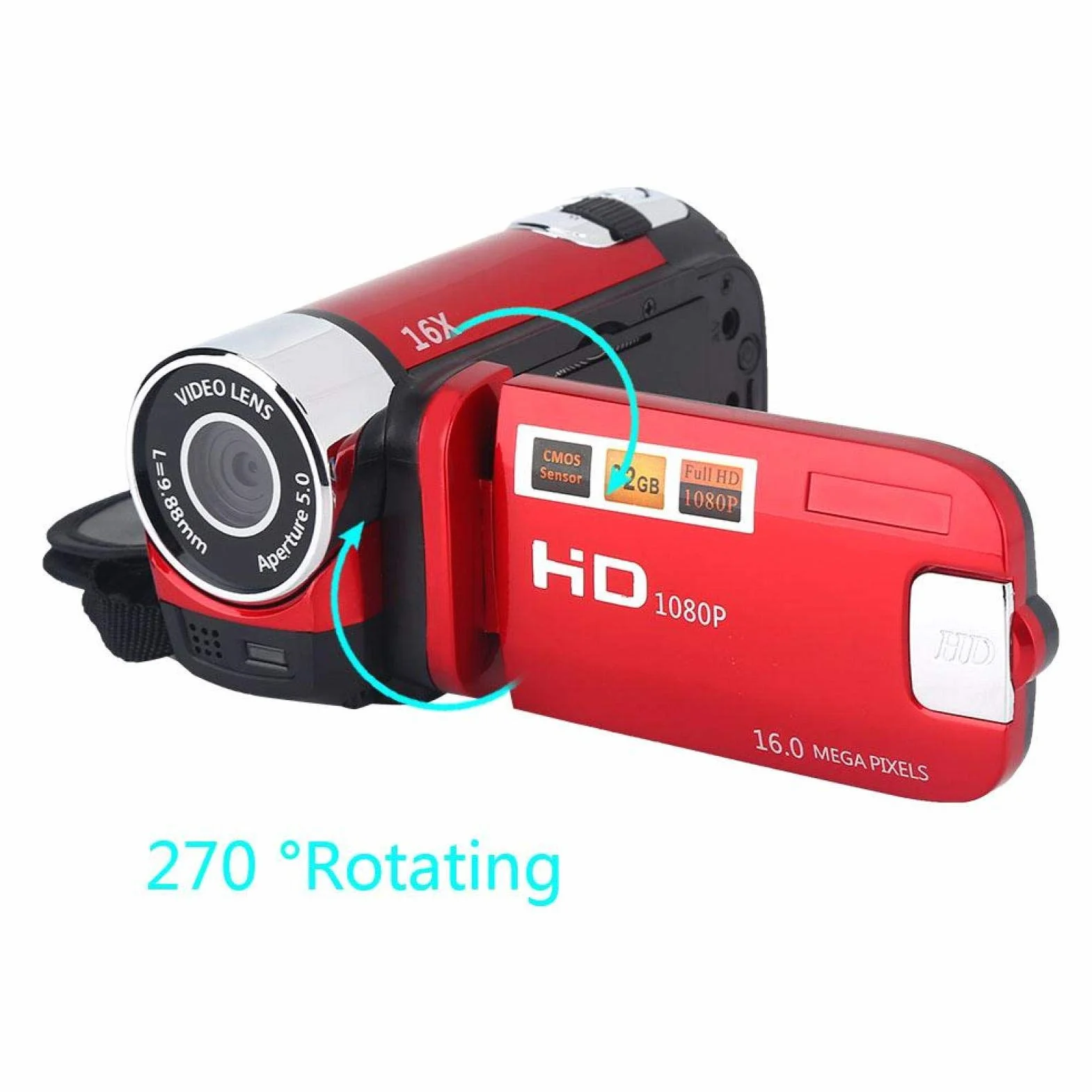 Diyeeni Videocamera portatile 1080P FHD 16x zoom digitale, fotocamera digitale DV Trabar con sensore COMS, altoparlante incorporato, schermo rotante 270 °, videocamera(Red)