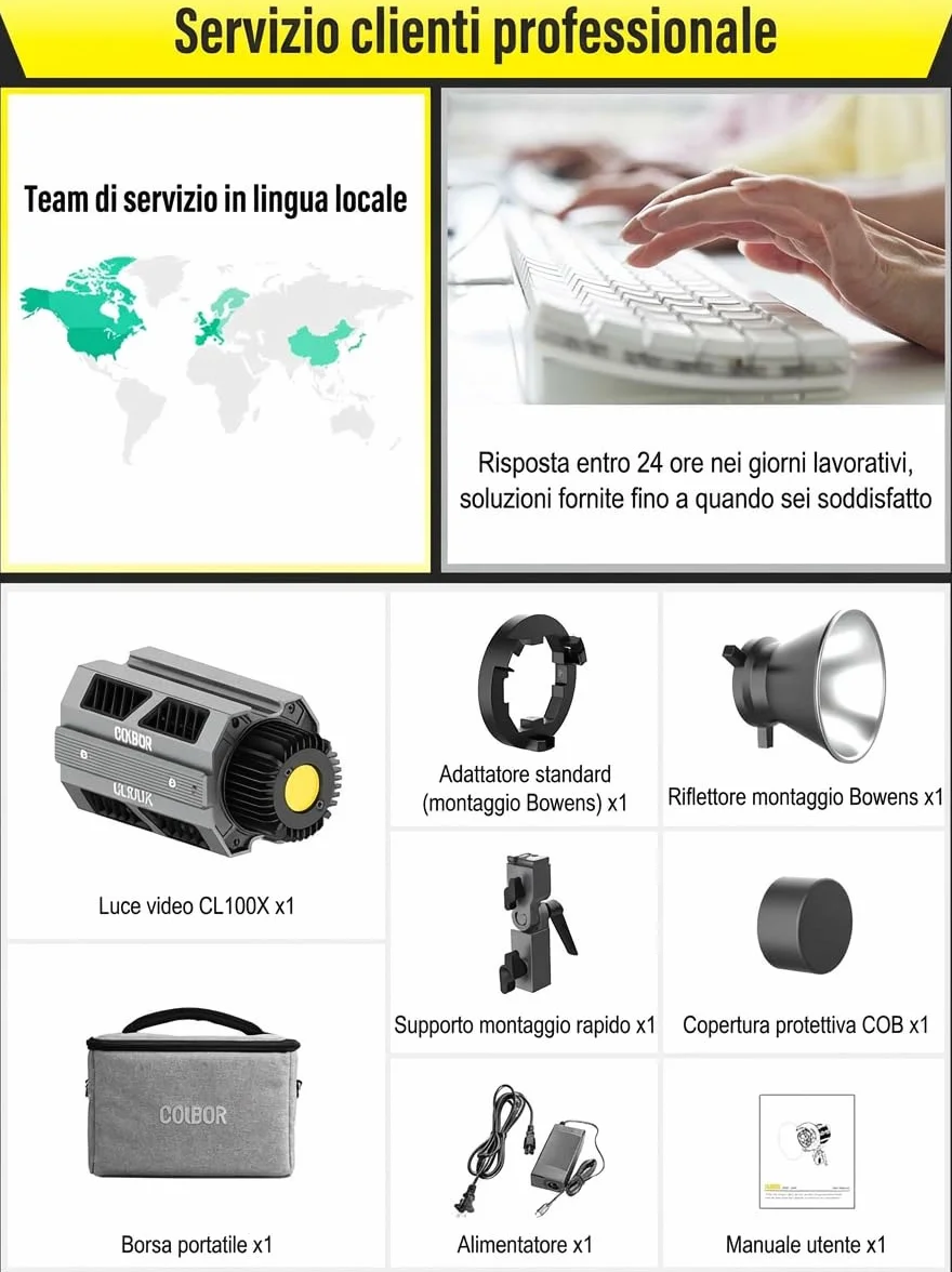 Luce Video, COLBOR CL100X 110W COB Video Light Bicolore 2700K-6500K Illuminazione Continua CRI97+ 10 Effetti di Luce Alluminio LED Lampada con APP Attacco Bowens, Luce-Video-Light-Studio-Monoluci