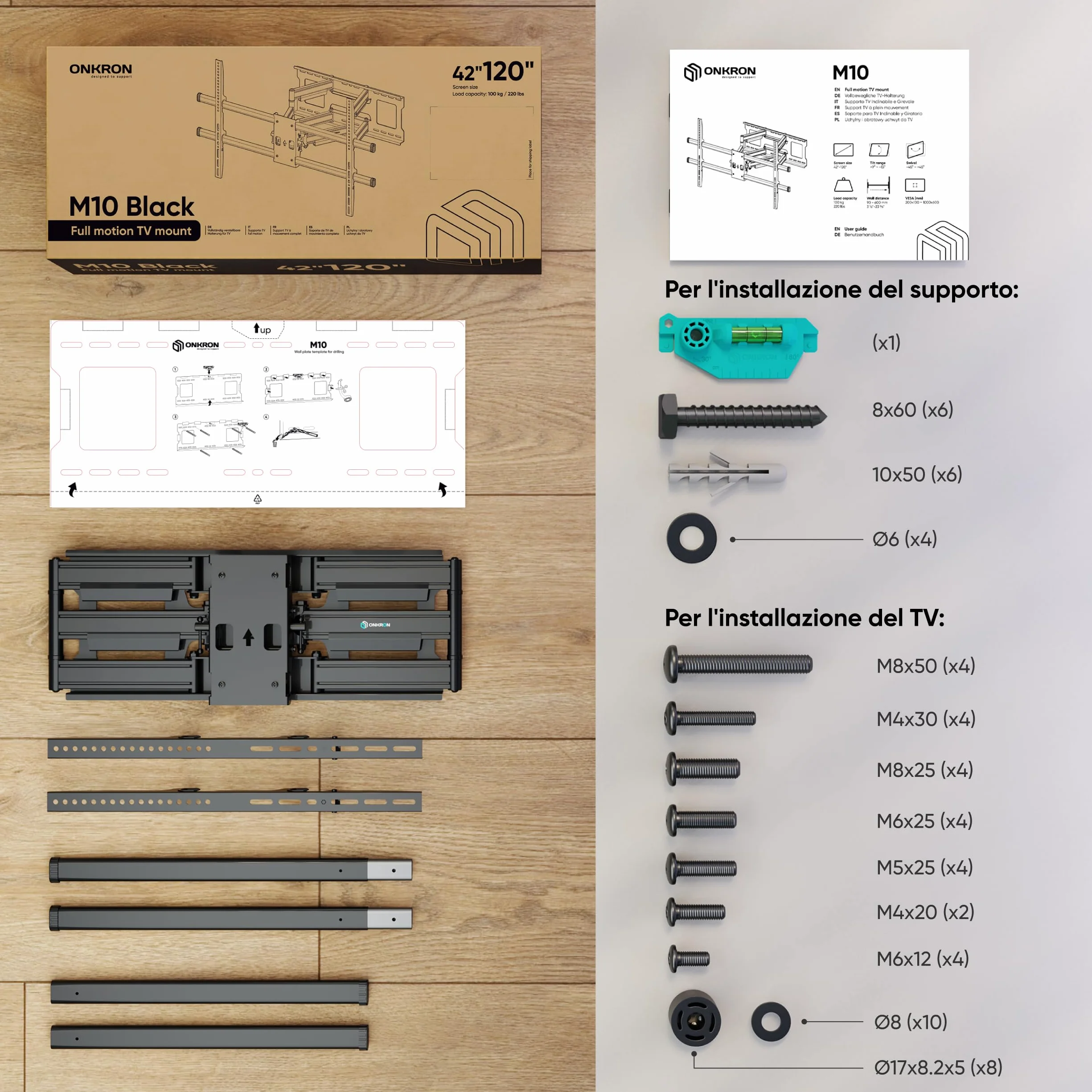 ONKRON Supporto TV Parete 42-120 Pollici fino a 100 kg, VESA 200x100-1000x600 mm, Staffa TV Girevole e Inclinabile, Braccio Porta Televisore Estensibile per Schermi di Grandi Dimensioni, Nero, M10-B