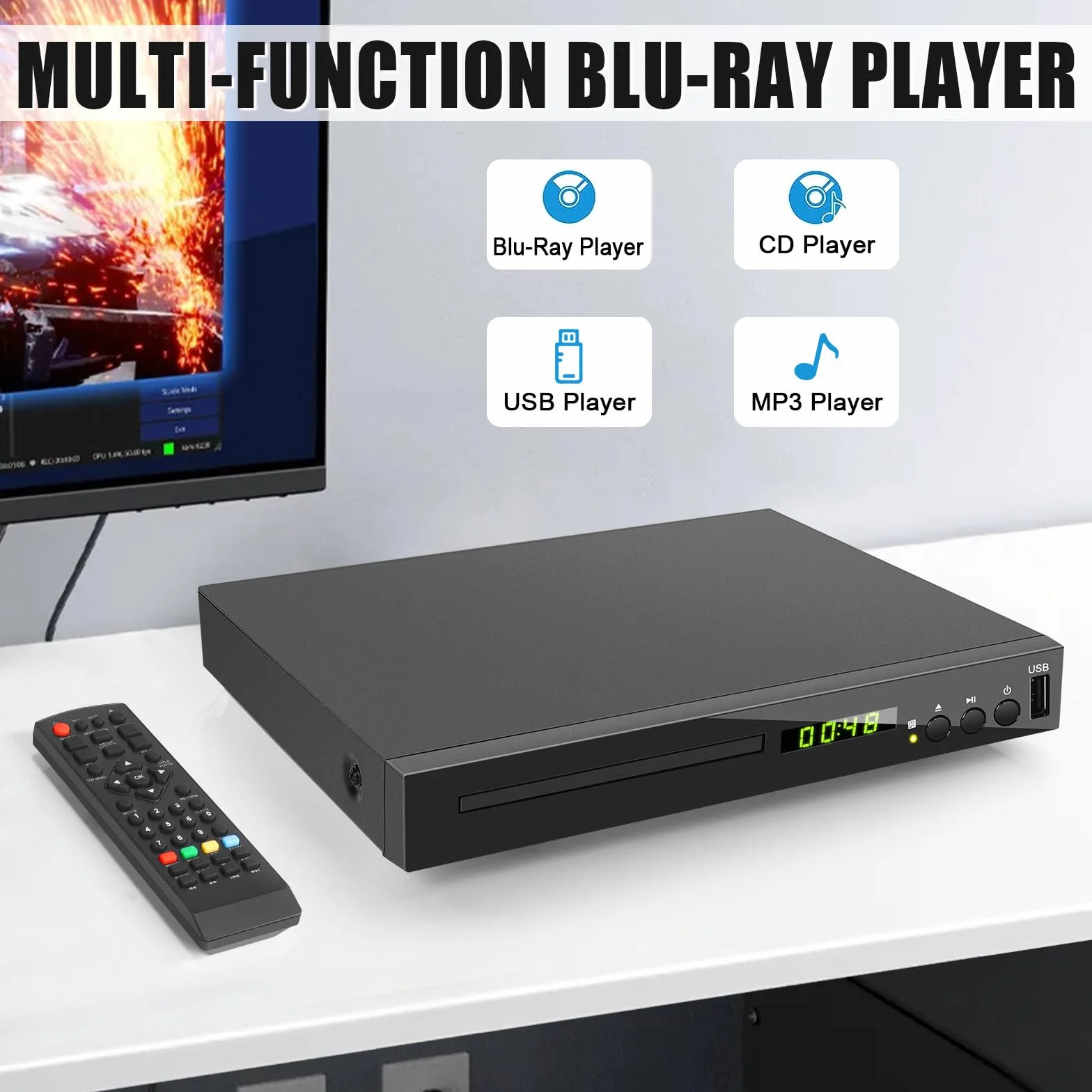 Lettore DVD Blu-ray per TV, Lettore Blu-Ray HD Compatibile con Dischi Blu-Ray Regione 2, Lettore DVD 1080P per Tutte le Regioni per TV Intelligente, con Ingresso USB/Uscita Coassiale AV HDMI