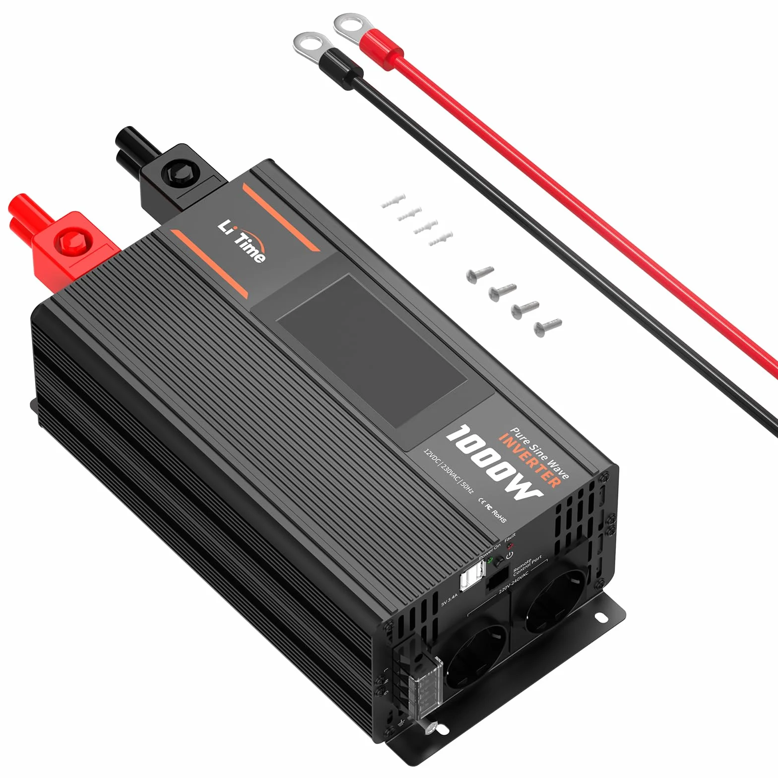 LiTime 1000 W Inverter Sinsus Pure 12 V DC a 230 V AC Convertitore per Camping-Car, Camping, Inverter Solare con 2 uscite AC, Display di Sorveglianza con Visualizzazione dello stato in tempo reale