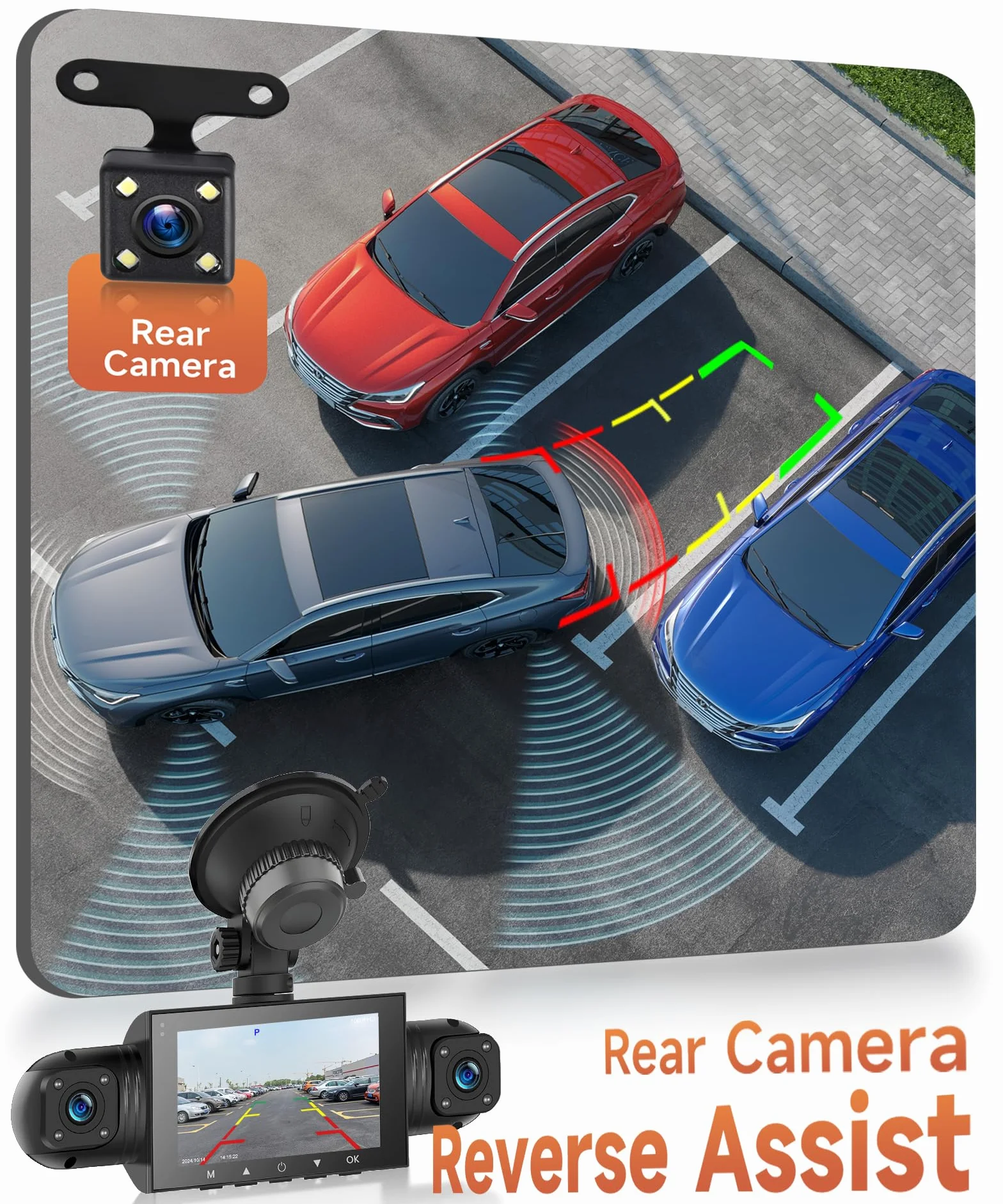 4 Canali Dashcam Auto 360°, 4 Telecamera HD 1080P Anteriore e Posteriore Sinistra Destra, 3 Pollici 1080P Dash Cam con 8 IR Visione Notturna/Loop video/24H Parcheggio Monitor/G-Sensore